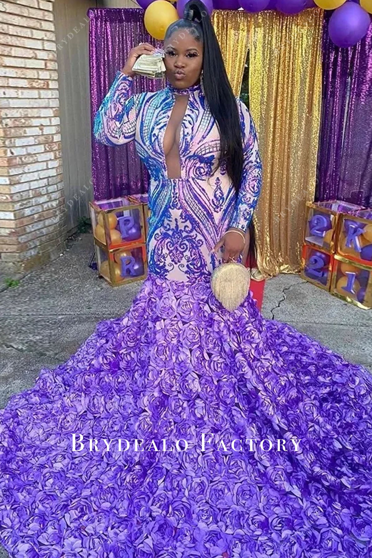 Plus Size Plunging Neck Choker Neck Prom Dress