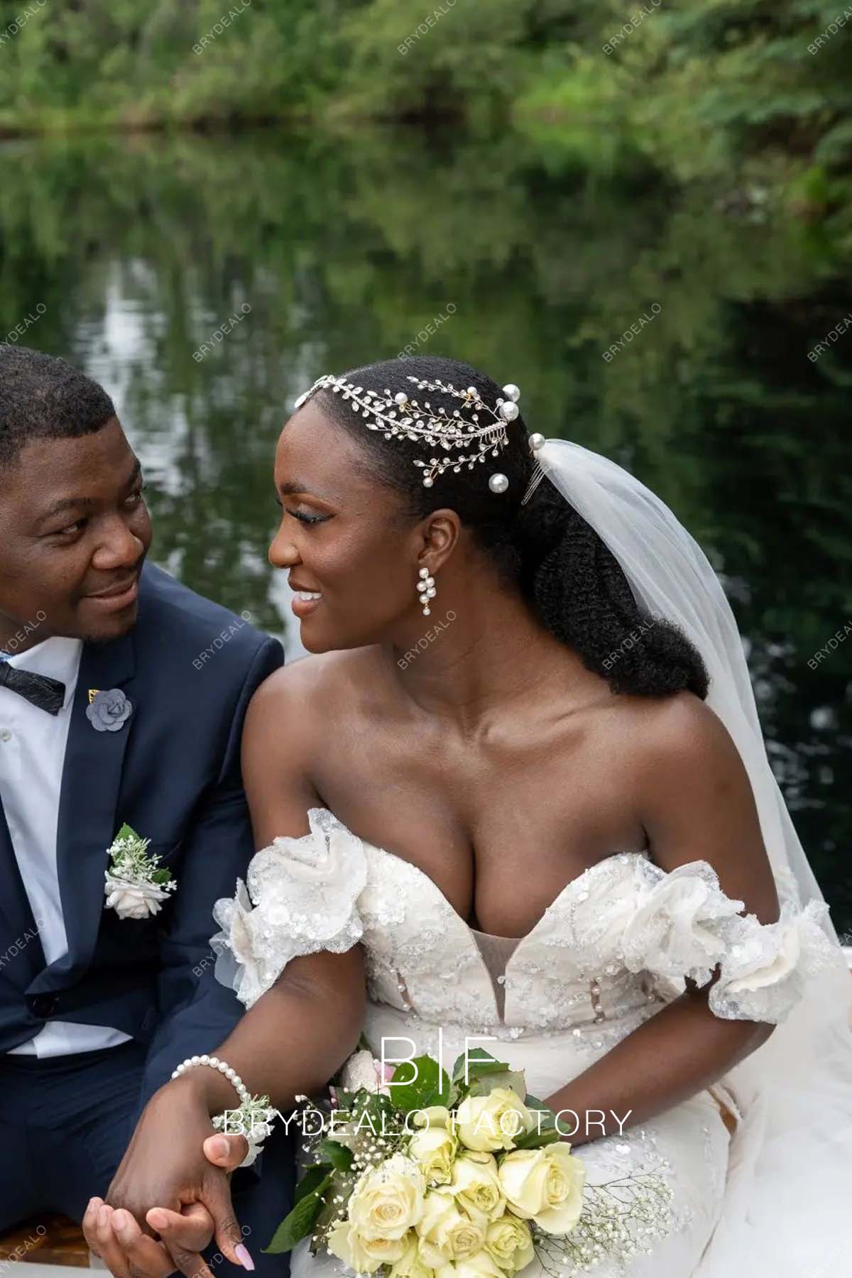 plunging sweetheart neck off shoulder champagne bridal gown