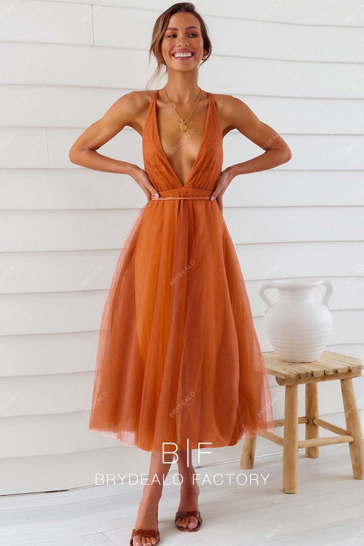 Dark Orange Tulle Tea Length Sexy Plunging Bridesmaid Homecoming Dress Dark Orange Tulle Tea Length Sexy Plunging Bridesmaid Homecoming Dress