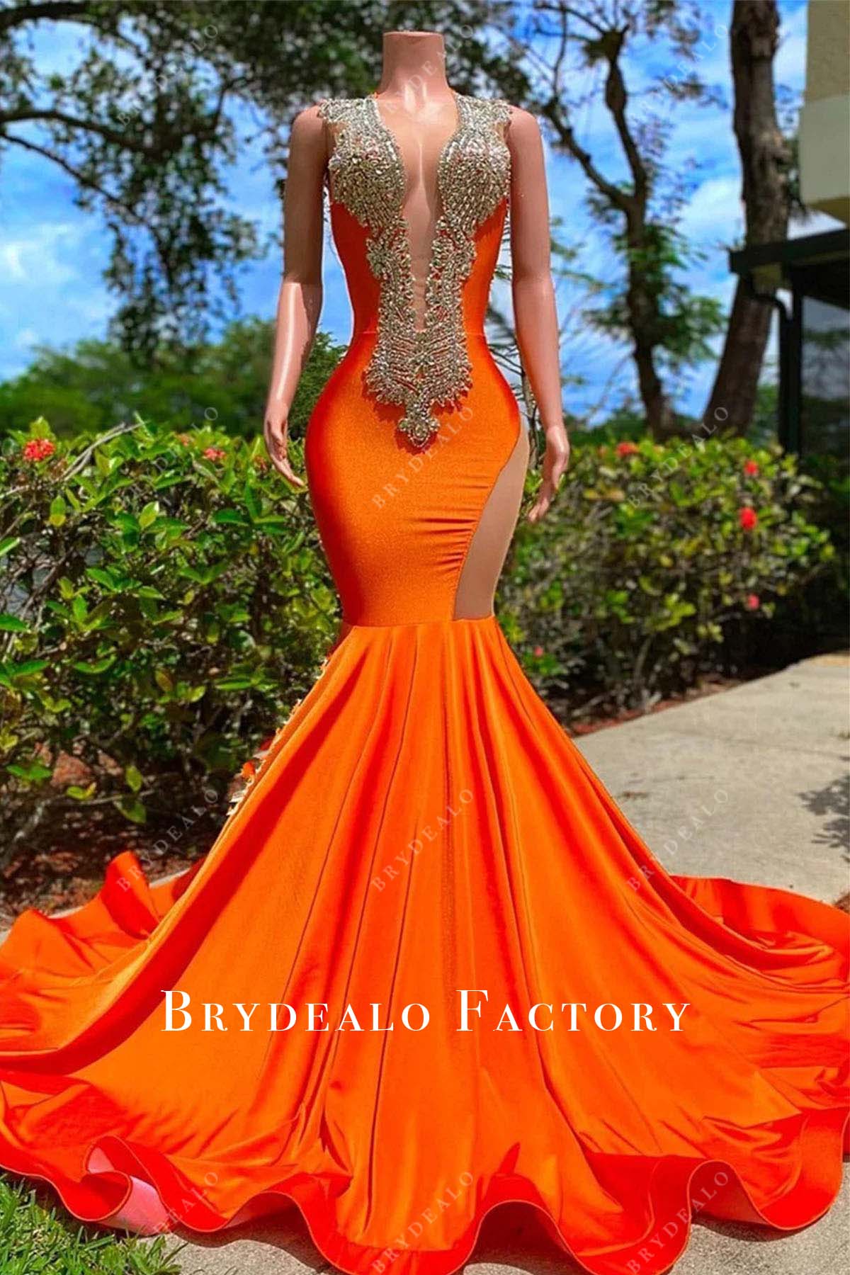 Orange Jersey Plunging Neck Rhinestones Prom Dress