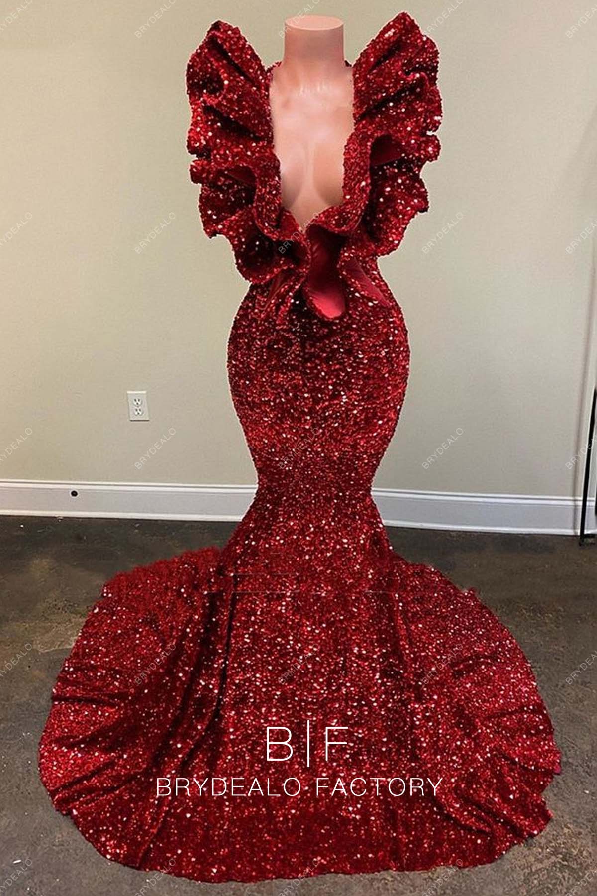 Burgundy Sequins Plunging Neck Ruffled Sleeves Mermaid Prom Dress Burgundy Sequins Plunging Neck Ruffled Sleeves Mermaid Prom Dress