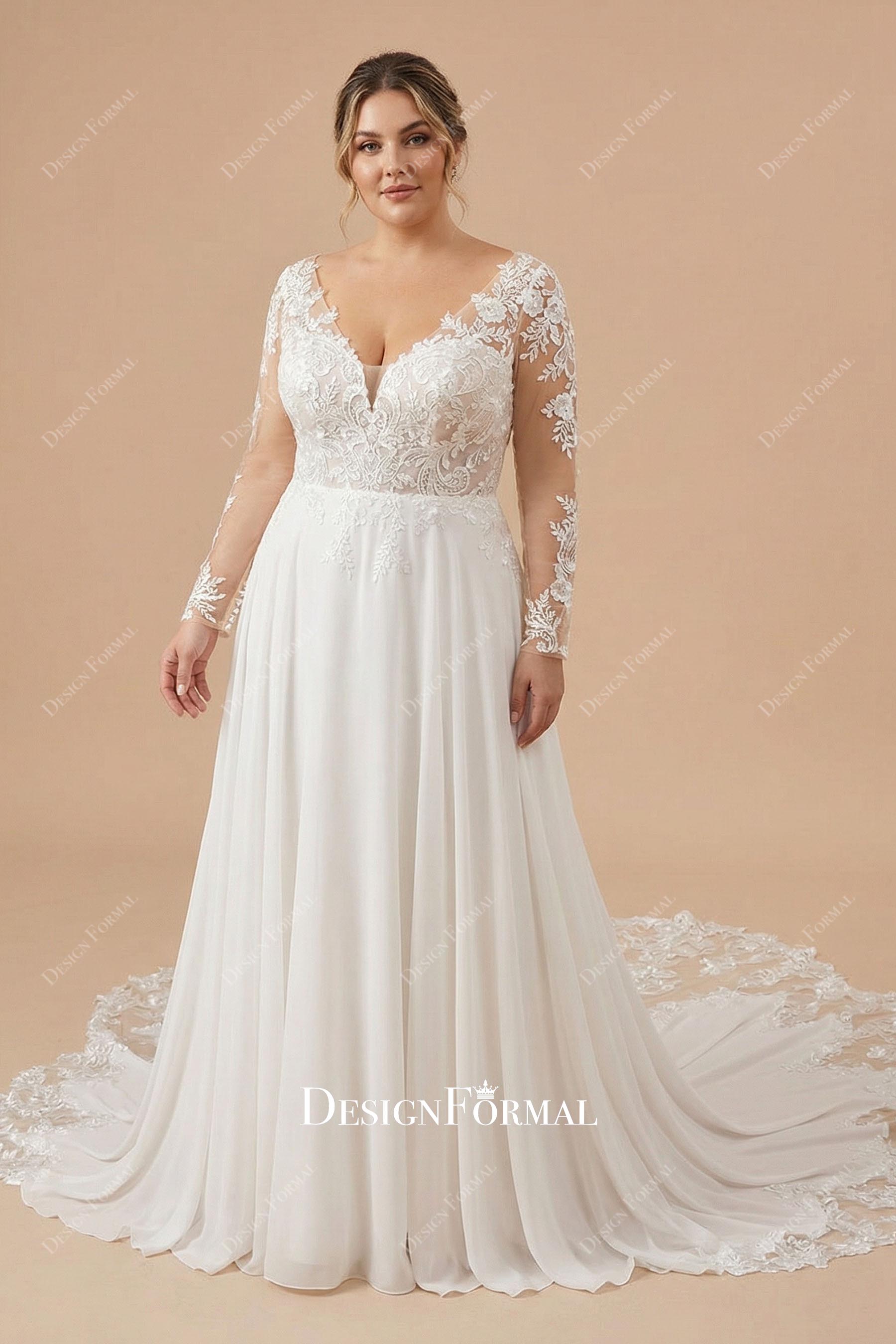Plus Size Sleeveless V-Neck Lace Chiffon Elegant Wedding Dress Plus Size Sleeveless V-Neck Lace Chiffon Elegant Wedding Dress