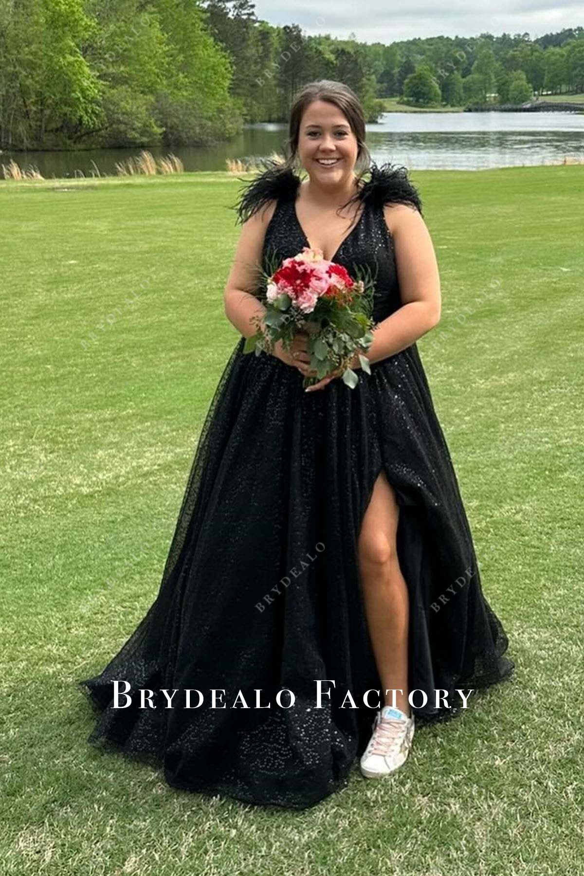 Plus Size Black Sequined Feathered Homecoming Dress Plus Size Black Sequined Feathered Homecoming Dress