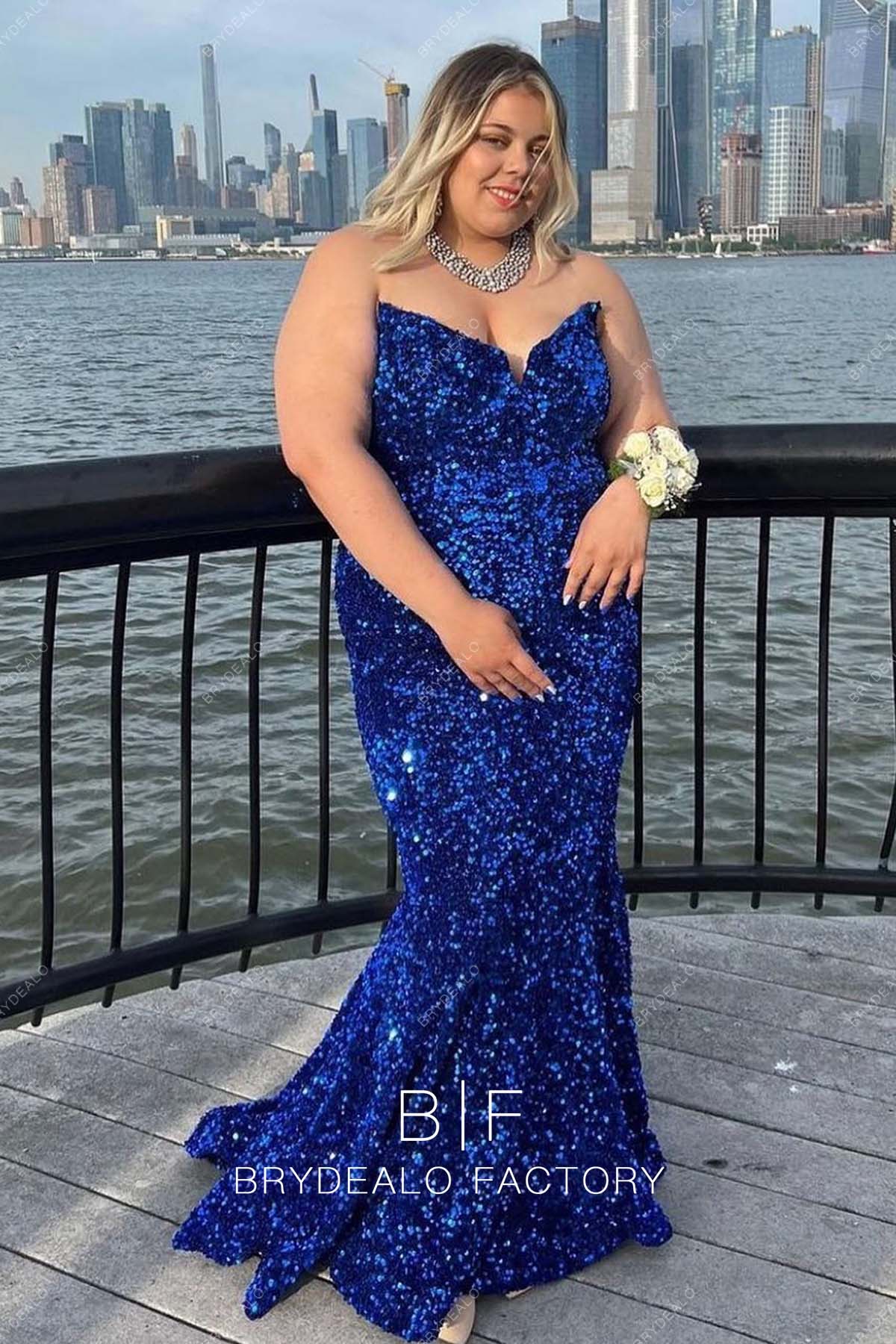 Royal Blue Sequins Strapless Short Court Train Mermaid Prom Dress