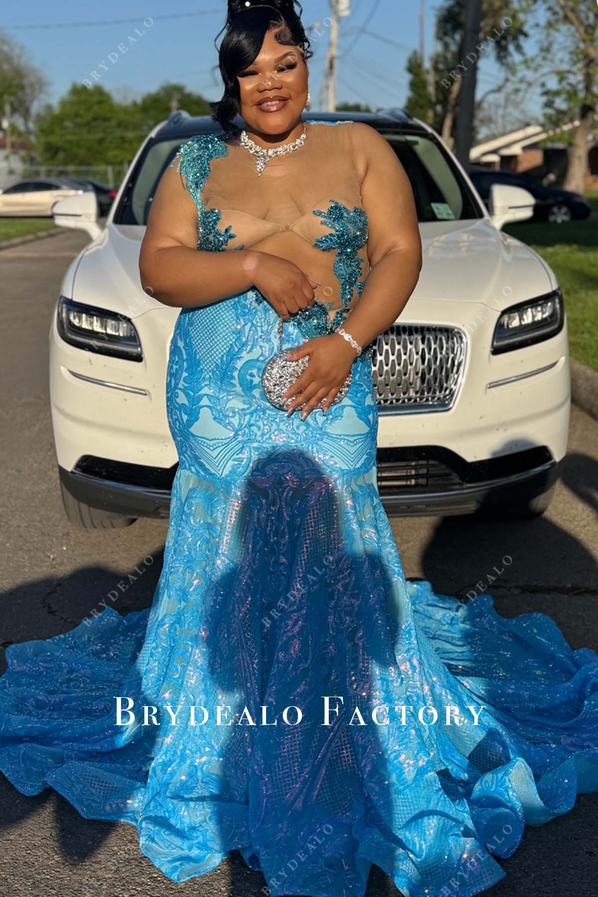 plus size blue sequin horsehair mermaid prom dress