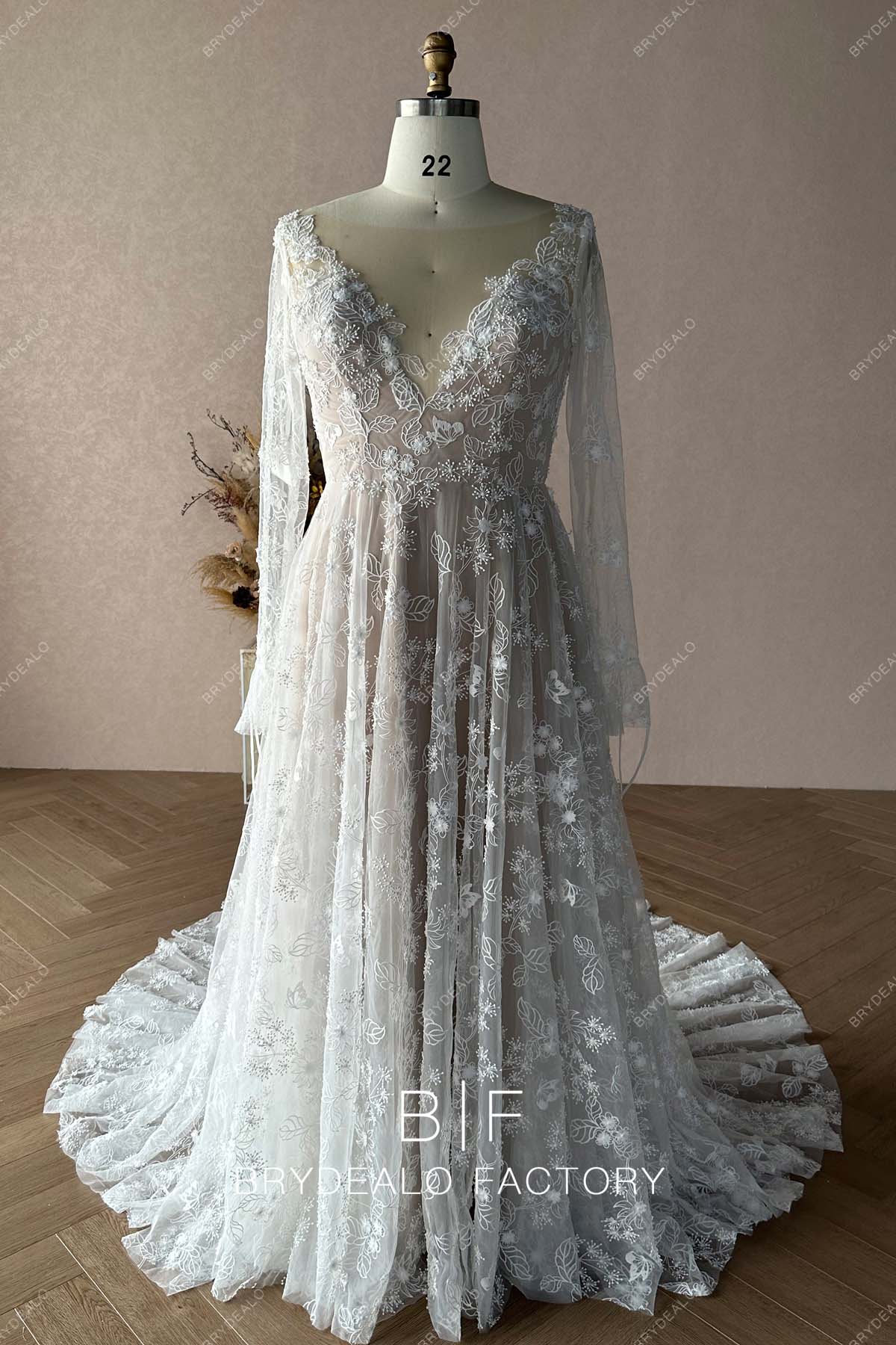 Plus Size Boho Lace Nude Beige Long Sleeve Beautiful Wedding Dress, White