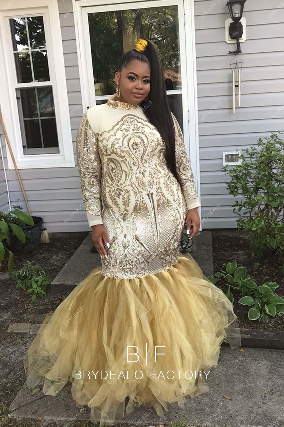 Champagne Sequin Tulle Trumpet Plus Size High Neck Prom Dress