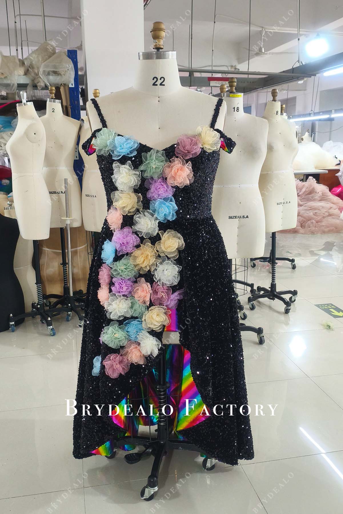 Black Sequin Overlay Rainbow Plus Size High-Low Senior Prom Dress