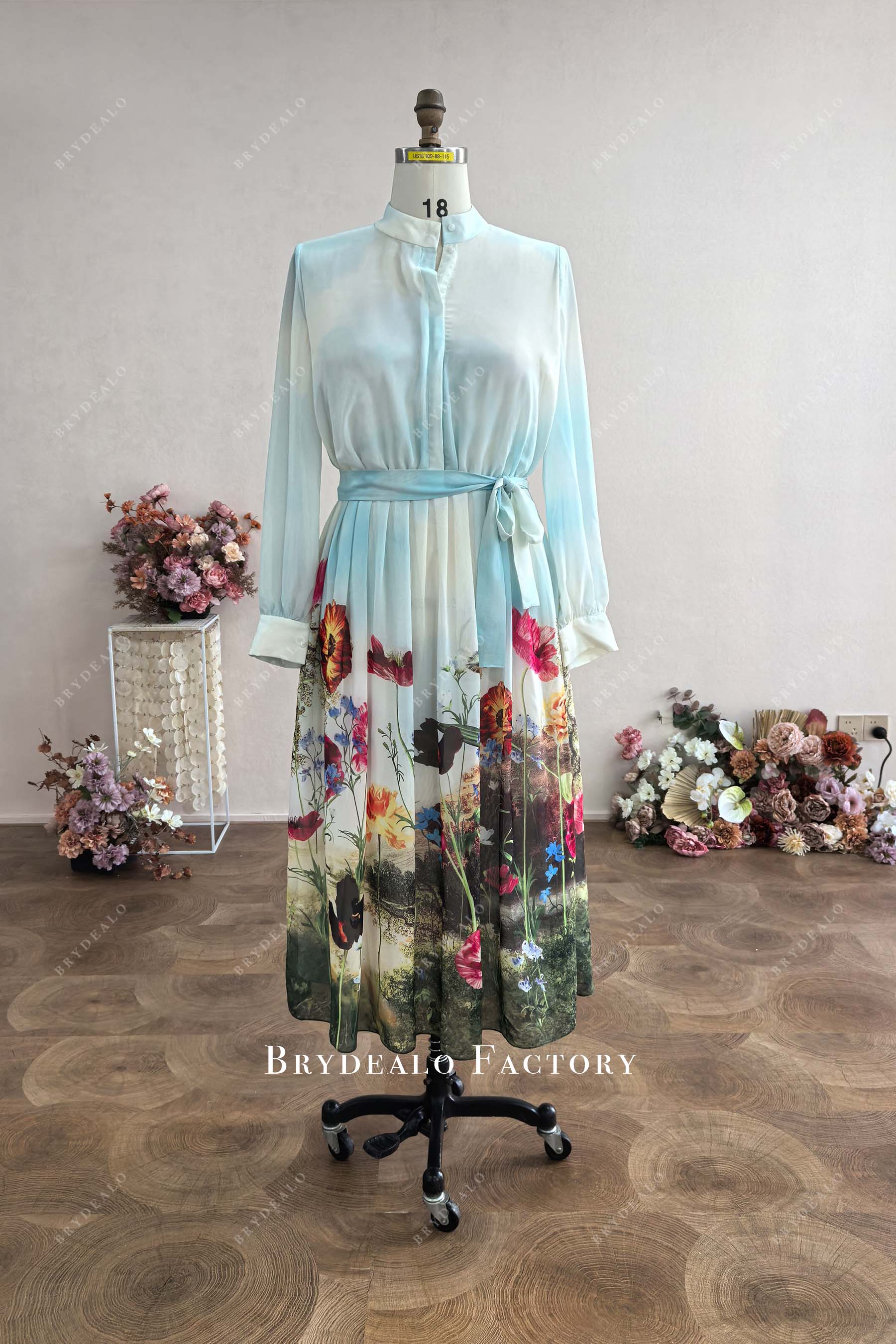 Plus Size Custom Print Chiffon Long Sleeves Midi Shirt Dress
