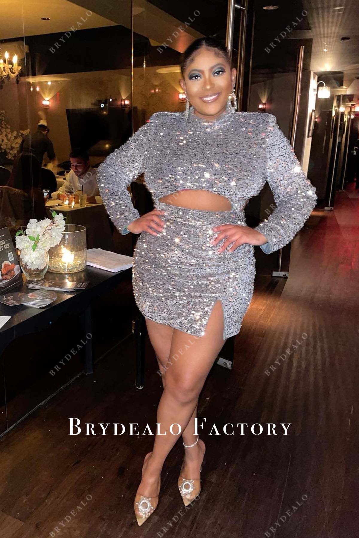 Plus Size Silver Sequin Long Sleeves Mini Bodycon Cocktail Prom Dress