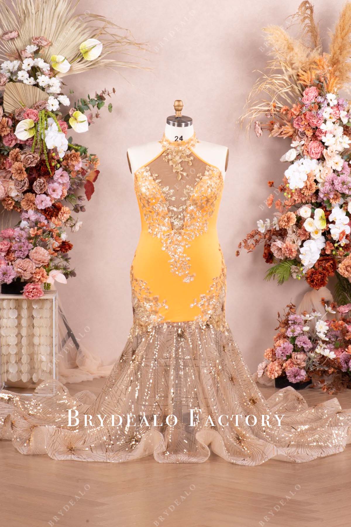 Custom Orange Jersey Matte Gold Applique Sparkly Mermaid Prom Dress Custom Orange Jersey Matte Gold Applique Sparkly Mermaid Prom Dress