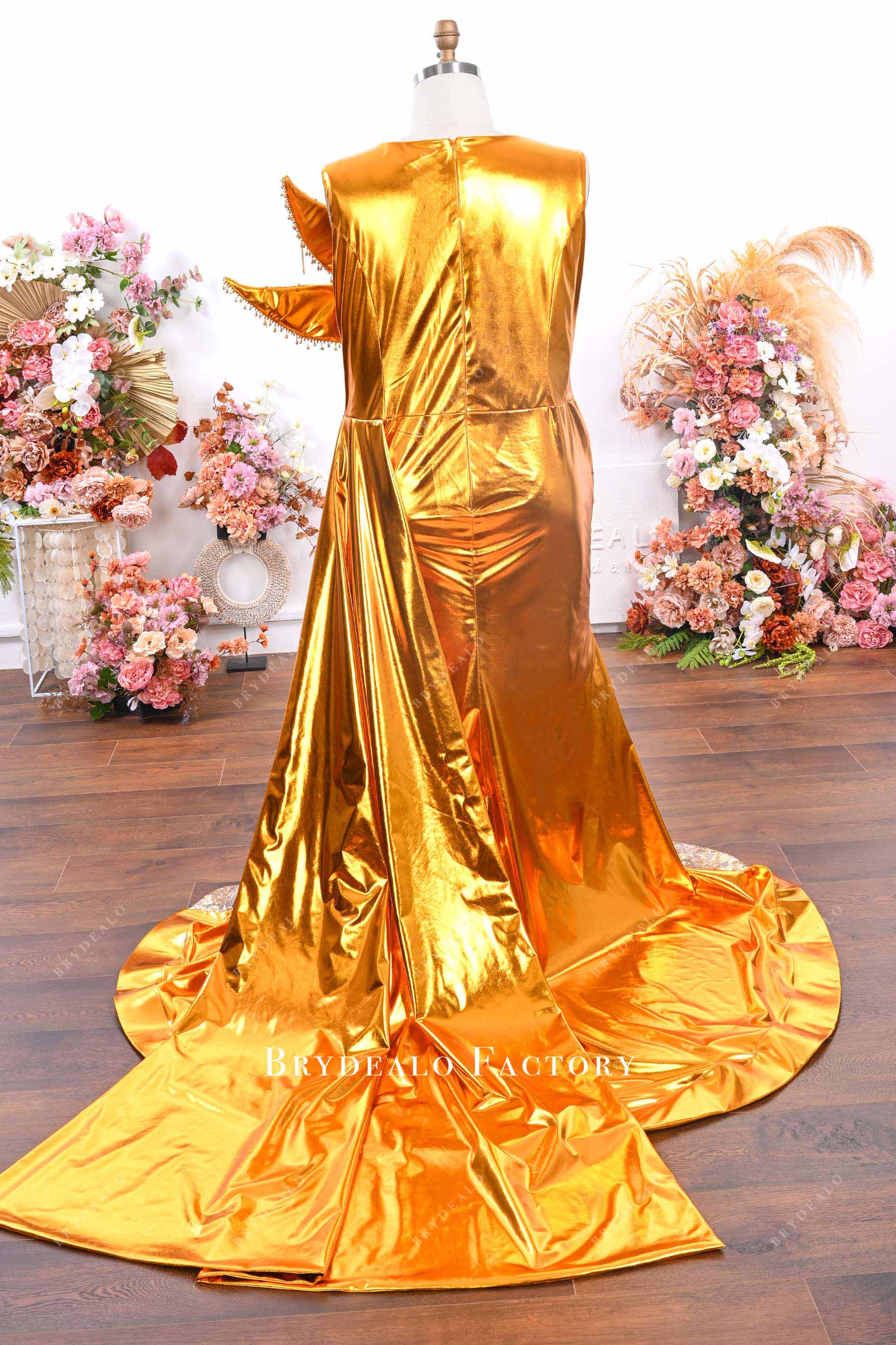 plus size gold panel train formal dress