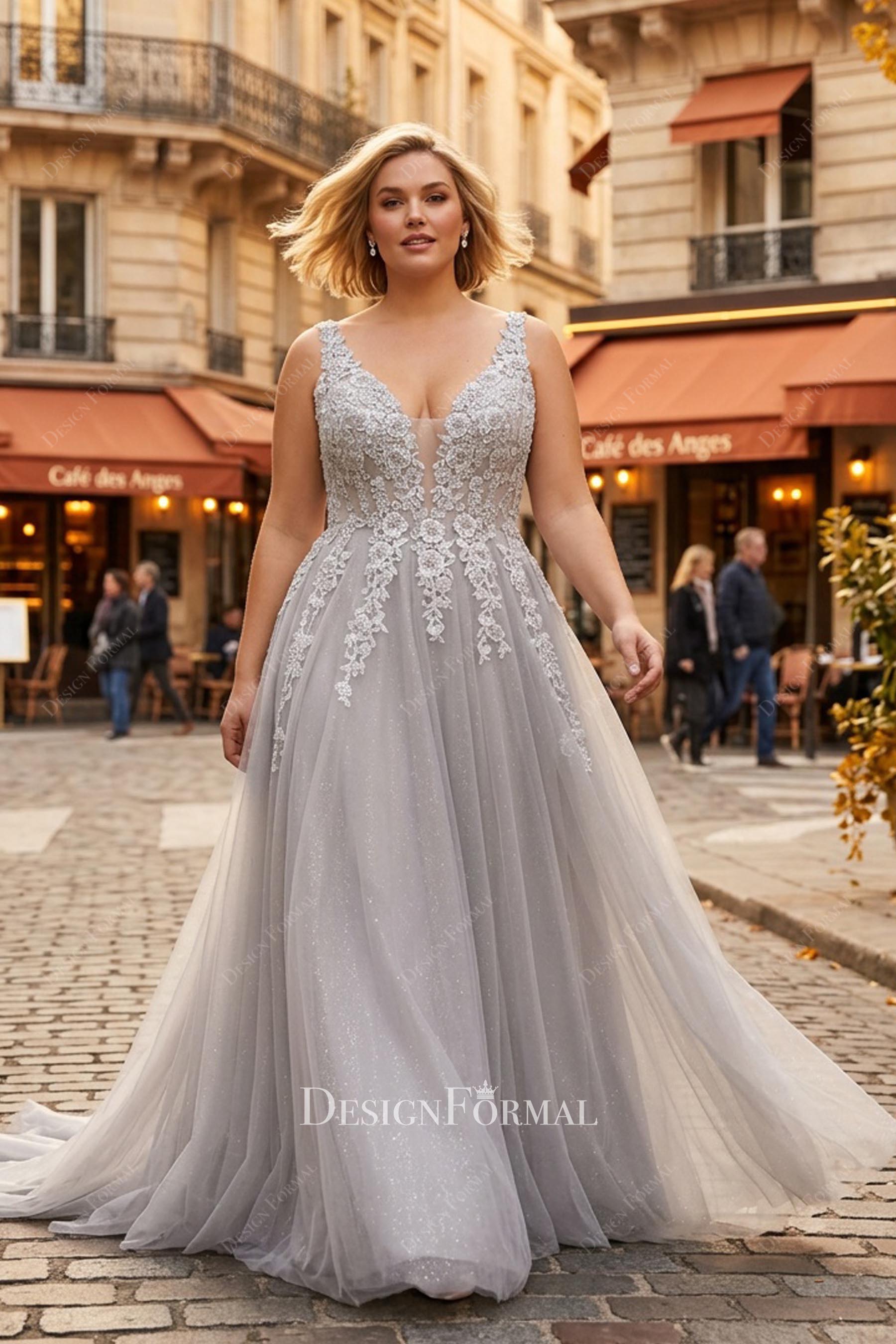 Plus Size Grey Glitter Tulle Beaded Lace A-Line Formal Gown Plus Size Grey Glitter Tulle Beaded Lace A-Line Formal Gown