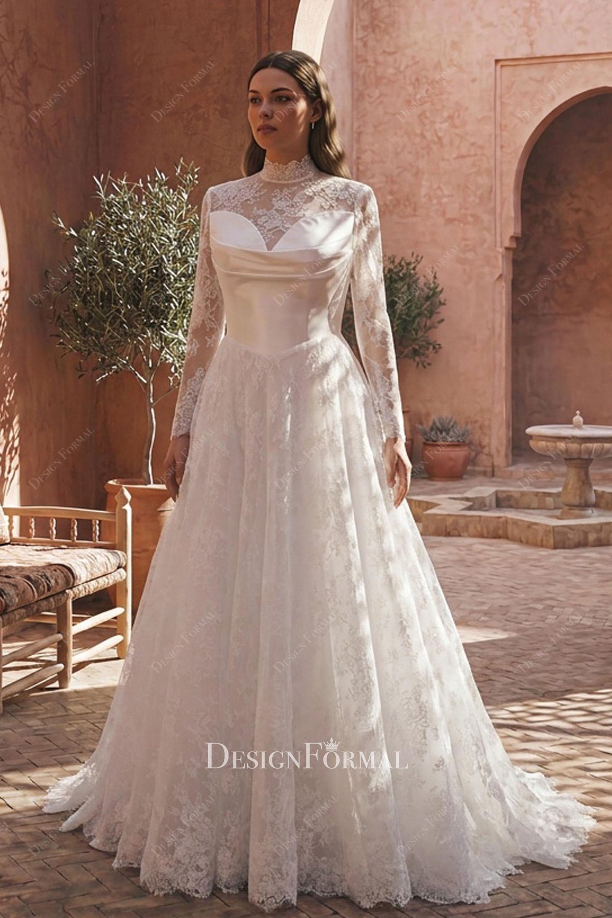 plus size high neck sleeved wedding dress