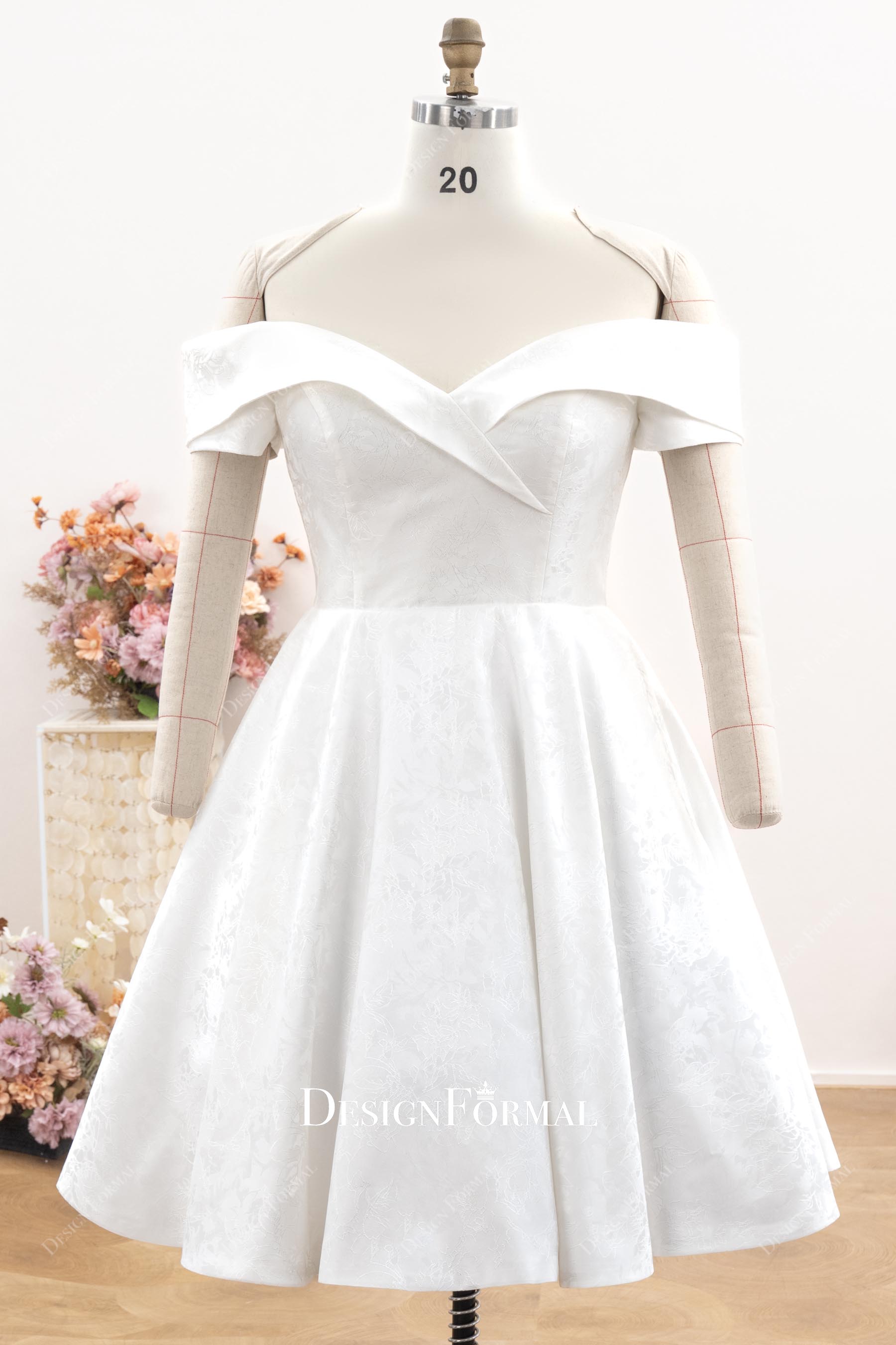 Plus Size Jacquard Sweetheart Bardot Midi Garden Wedding Dress