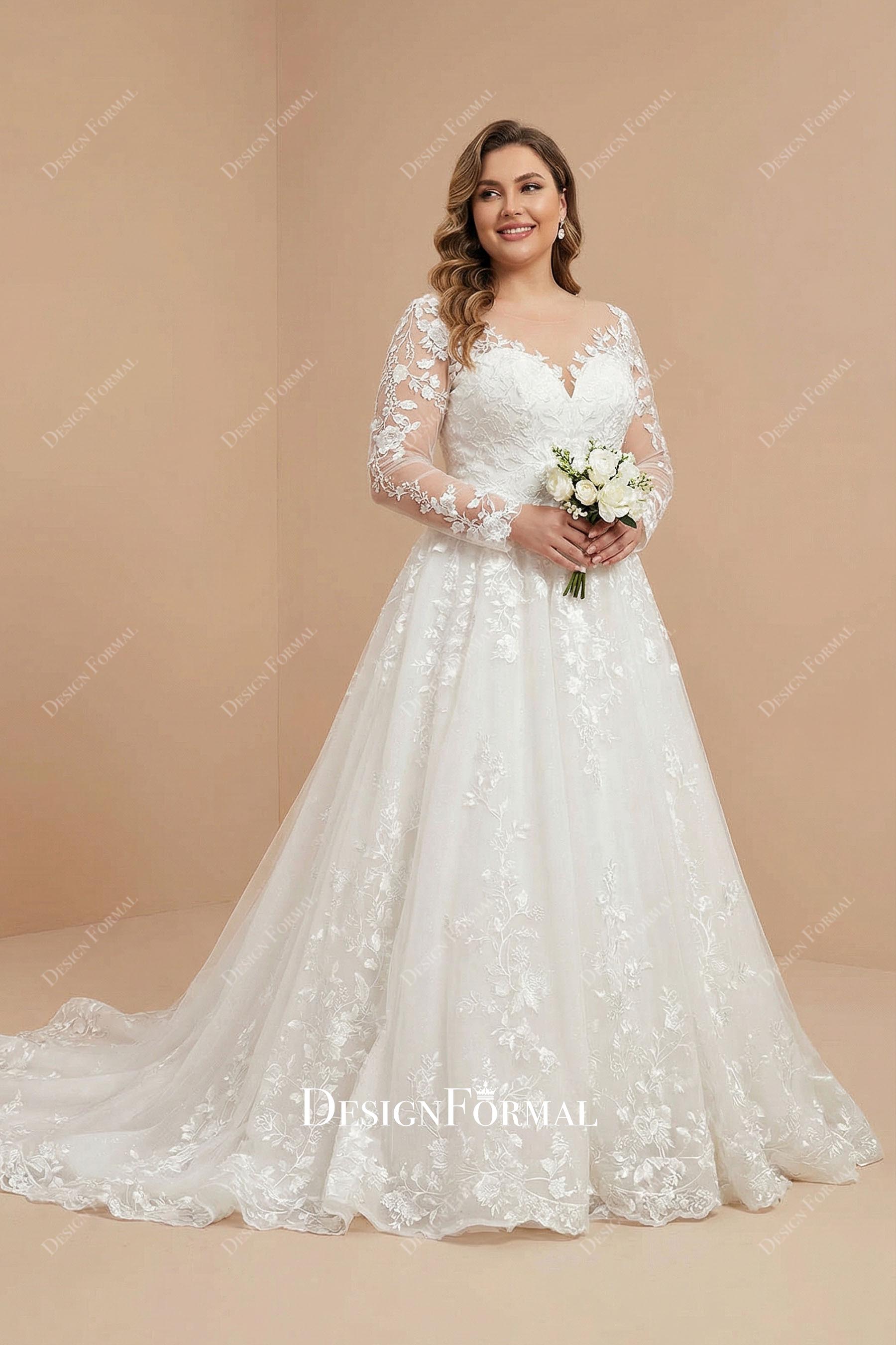 plus size lace a line wedding dress