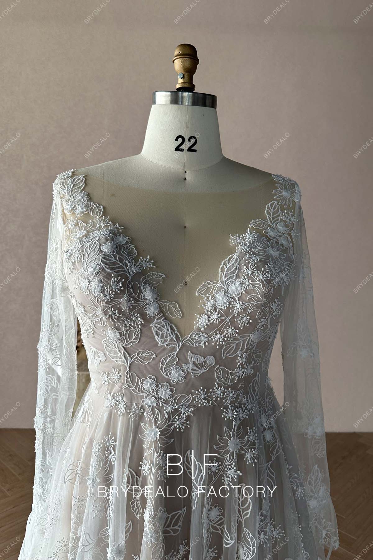 plus size illusion plunging neck boho bridal gown