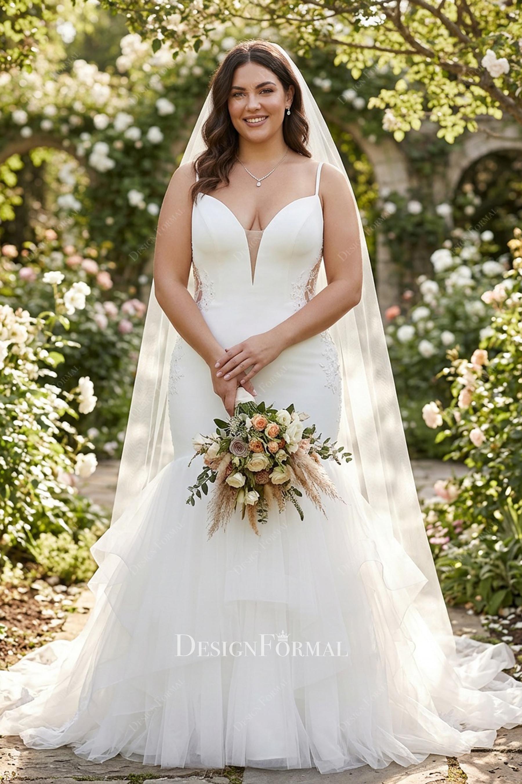 plus size plunging neck trumpet bridal dress