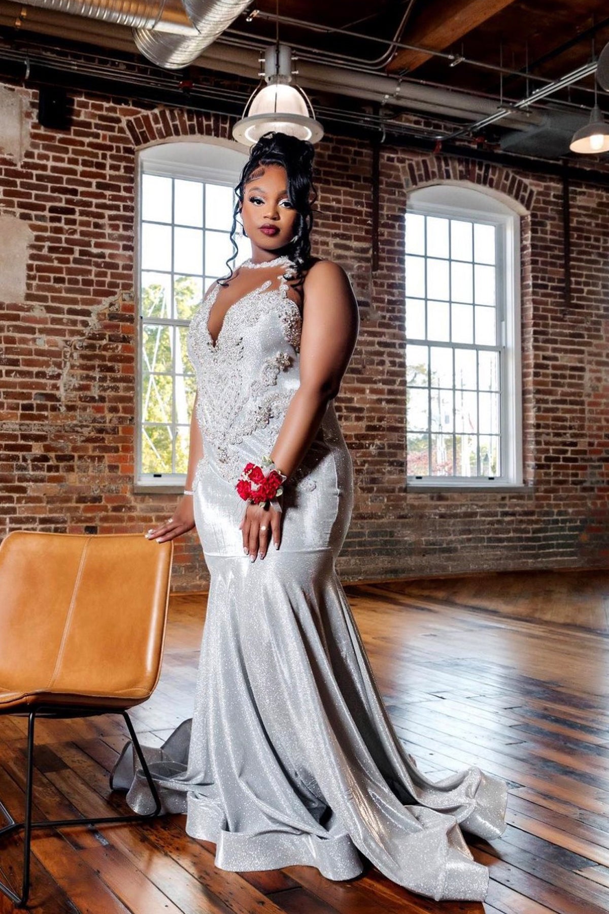 Plus Size Silver Glitter Mermaid Horsehair Long Prom Dress