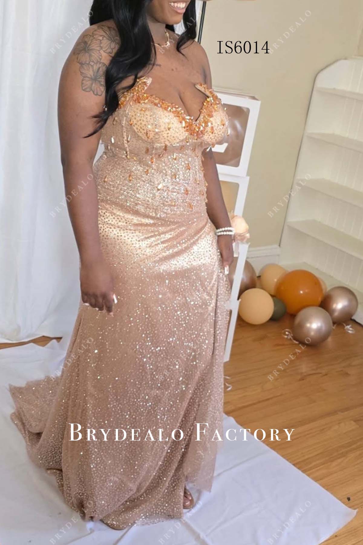 plus size rose gold glitter prom dress