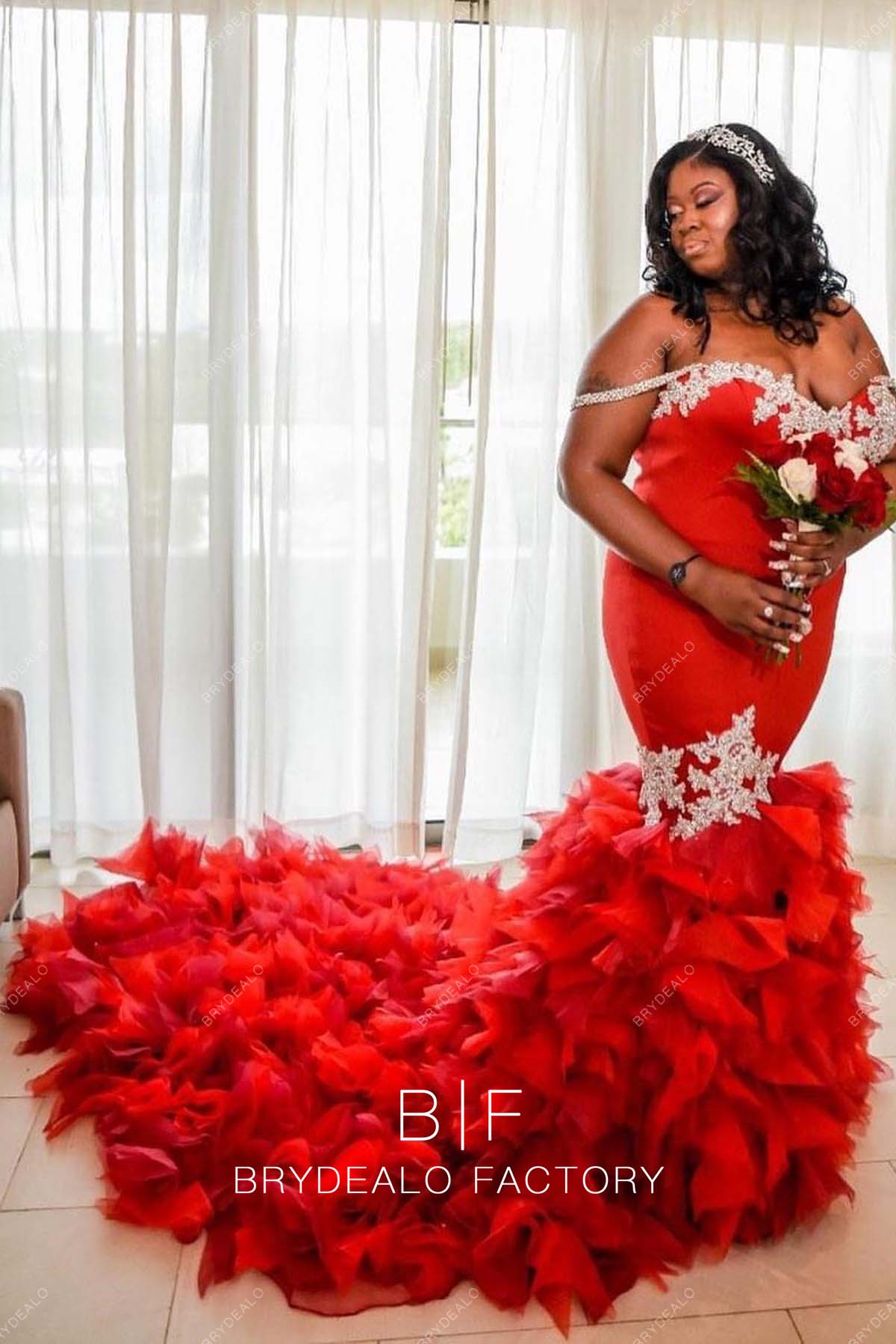 Plus Size Red Off Shoulder Ruffled Organza Trumpet Prom Wedding Dress