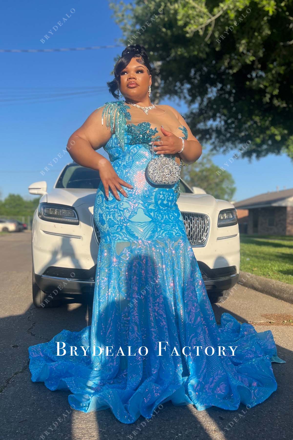 plus size sequin blue mermaid prom dress