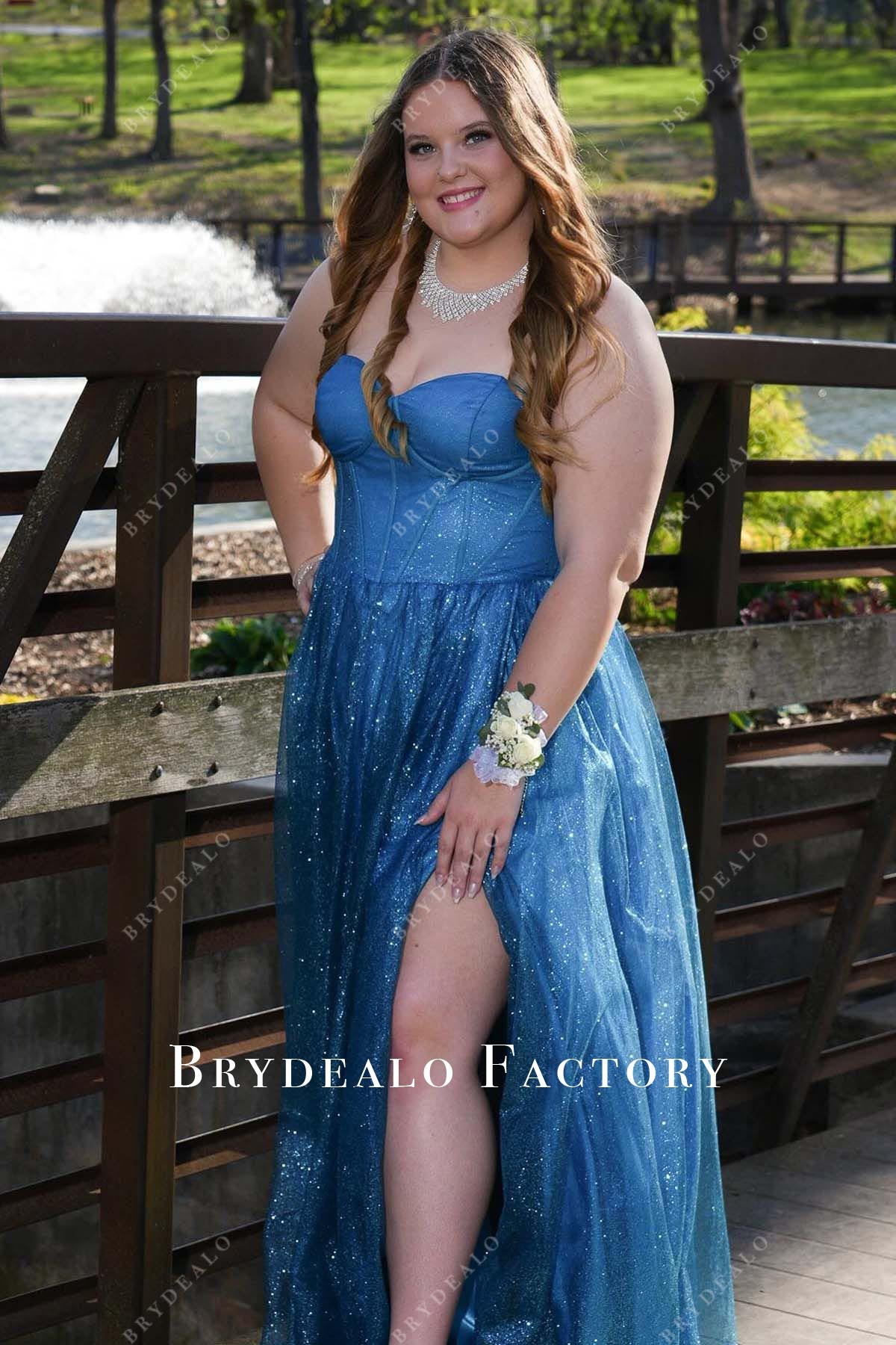 Homecoming Dress | Plus Size Glitter Ocean Blue Strapless A-Line Formal Gown, image size:1200x1800
