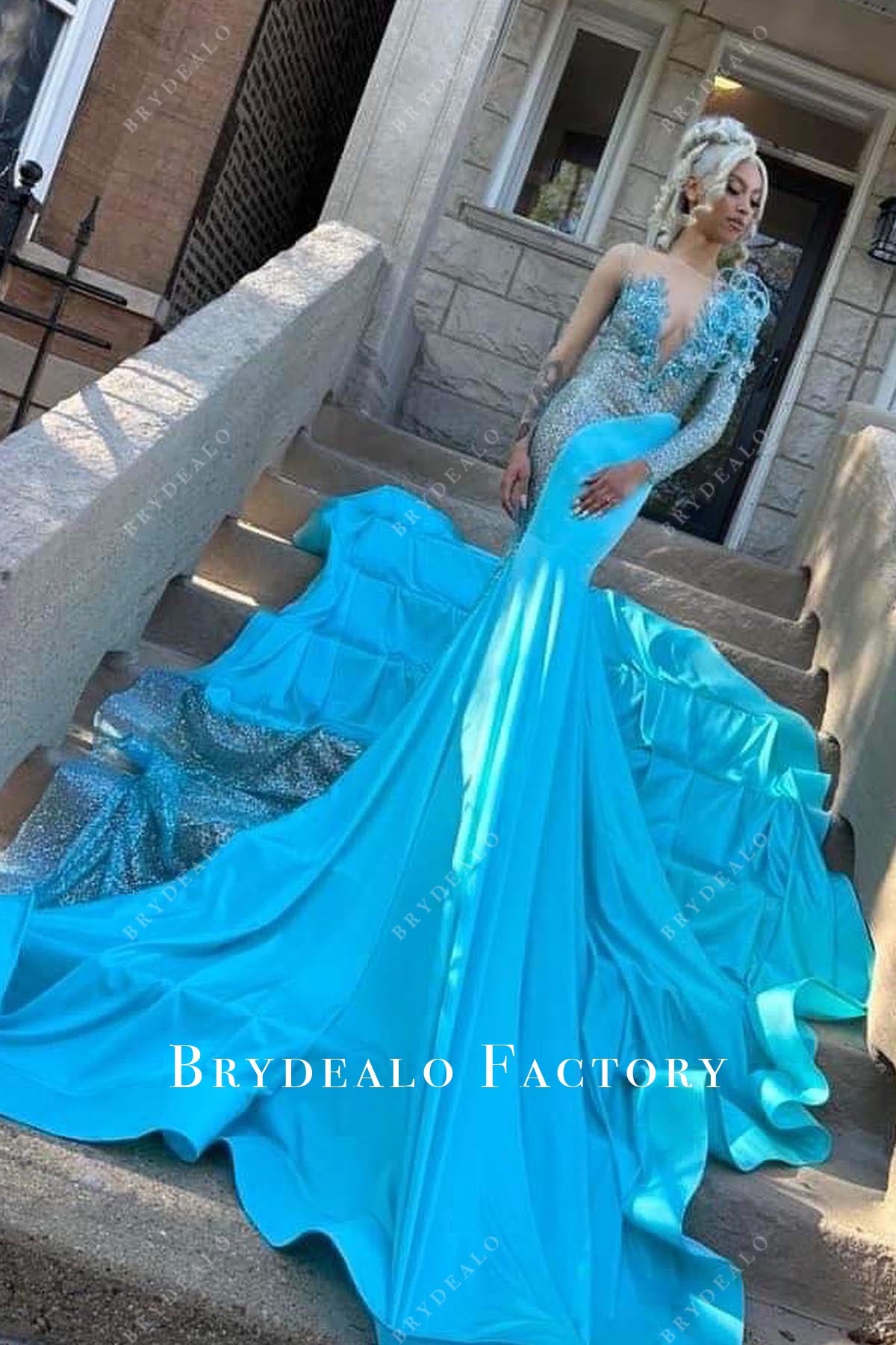 pool illusion neck trumpet prom dress