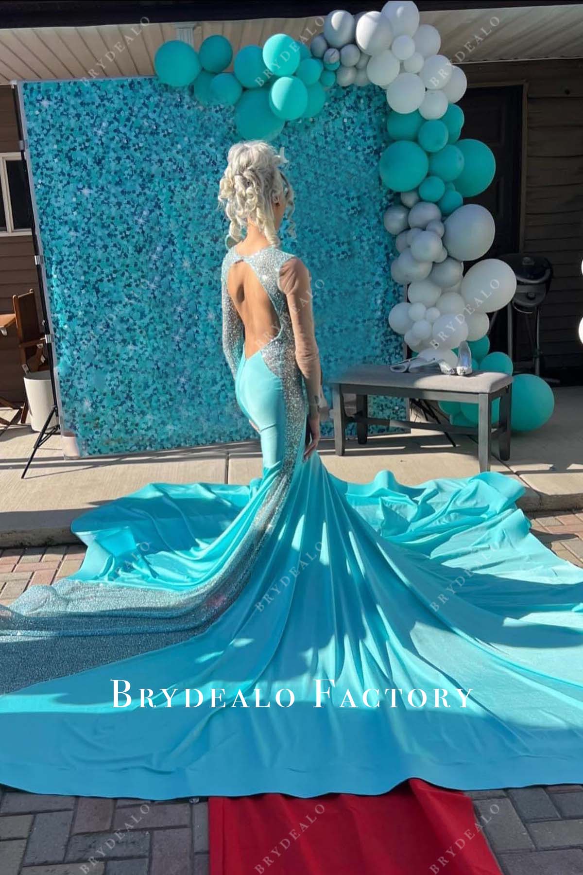 pool keyhole back trumpet prom dress