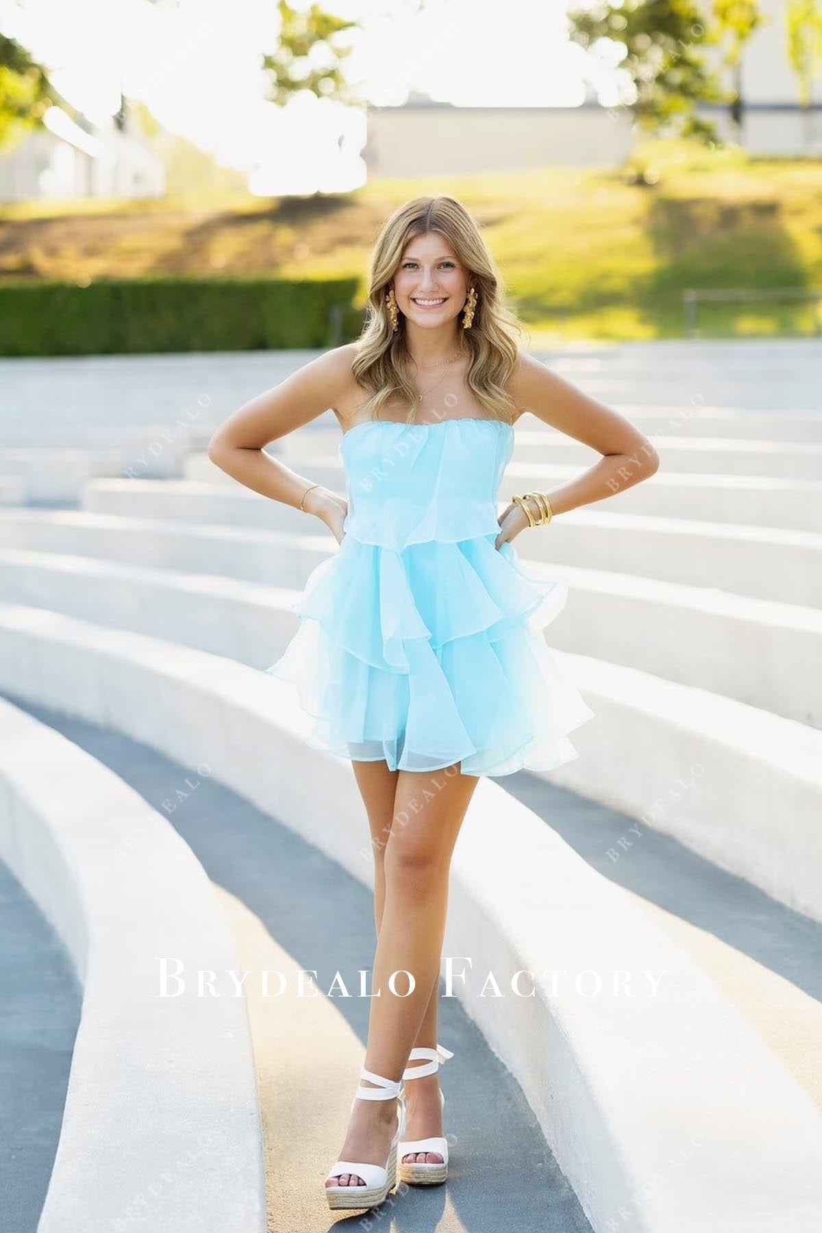 Pool strapless mini prom dress