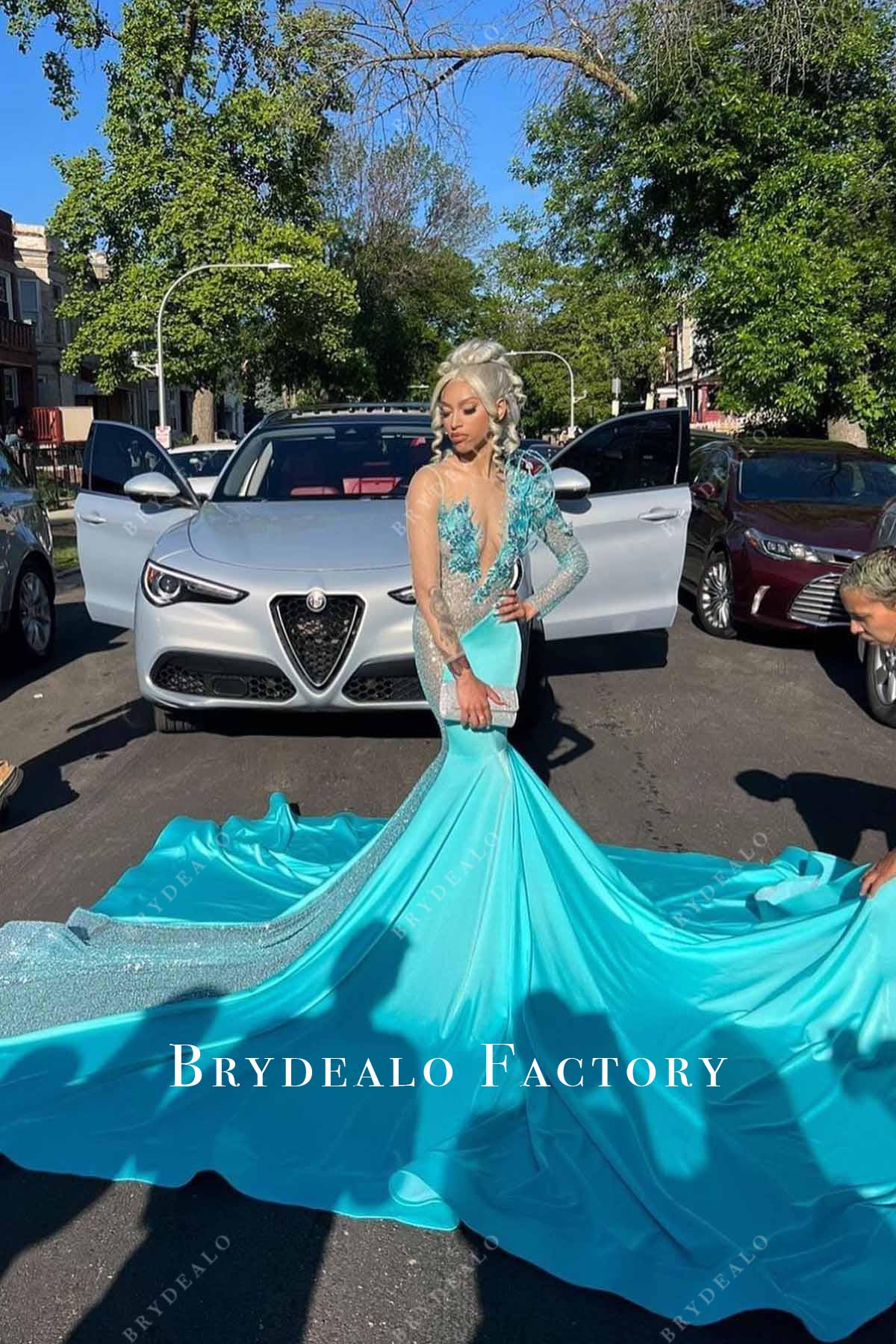 pool trumpet long train prom dress