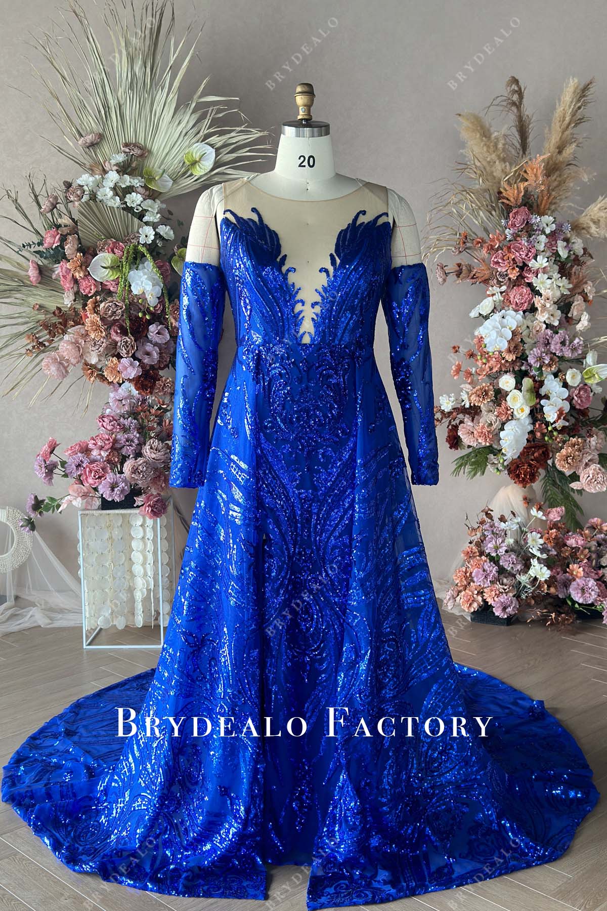 Blue Sequin Plus Size Off Shoulder Plunging Panel Train Prom Dress