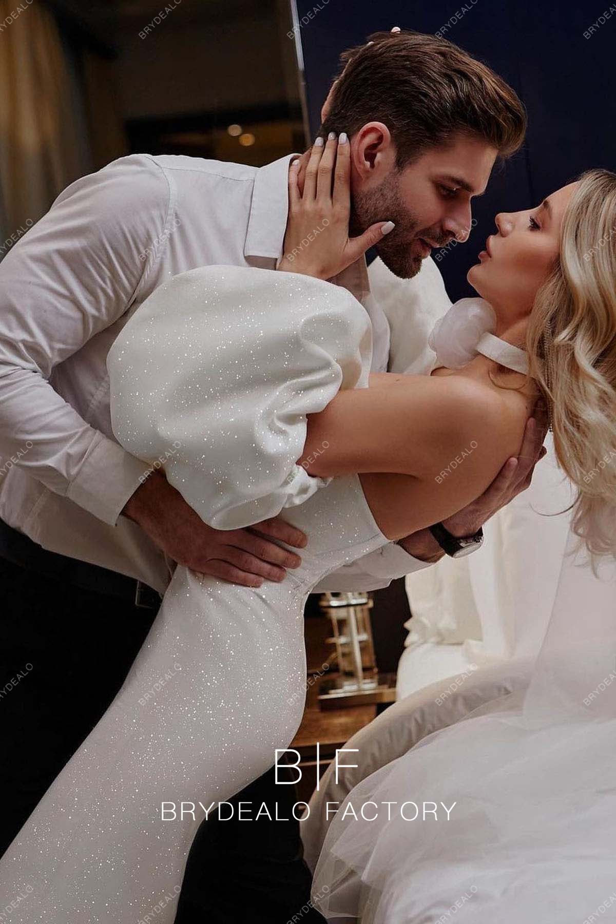 Short pouf sleeve choker neck Sheath Bridal Reception Dress