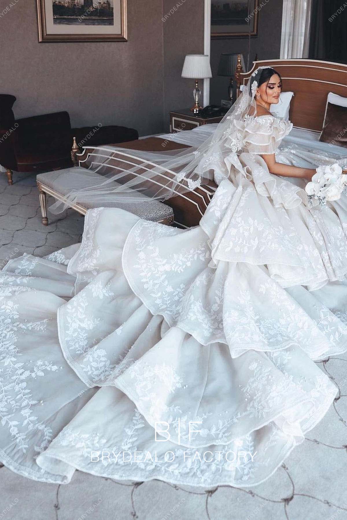 Luxury Tiered Long Train Princess Wedding Ball Gown