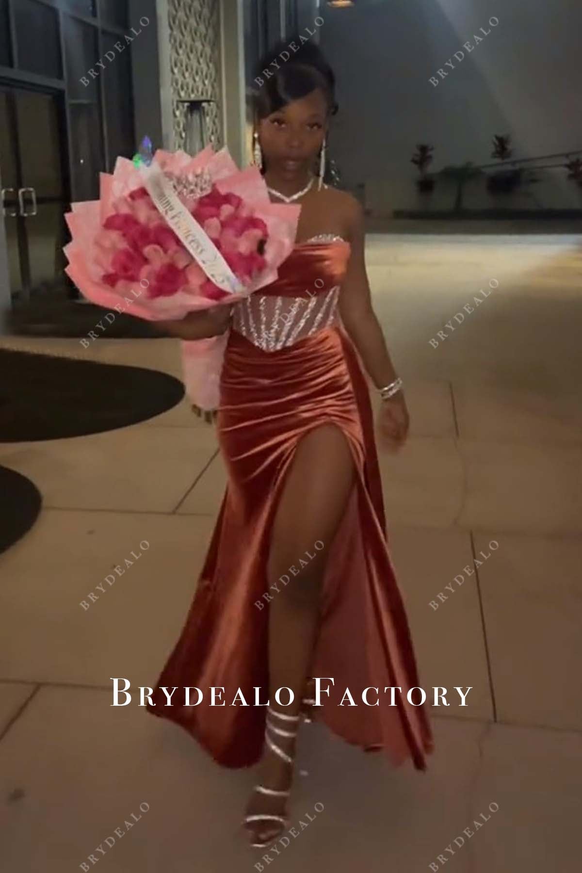 Rusty Velvet Sparkly Boning Slit Prom Dress