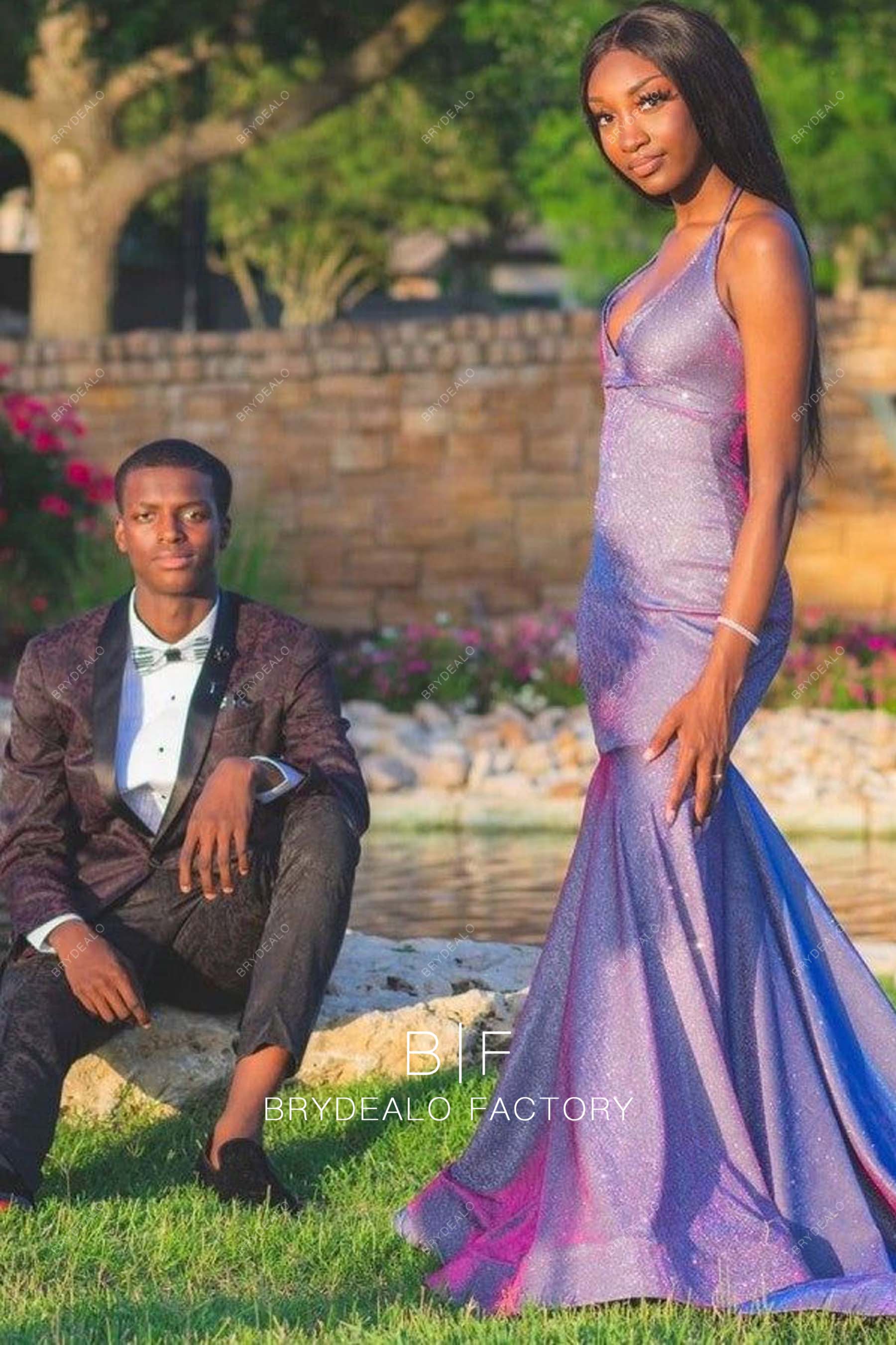 Purple Glitter Halter Neck Sleeveless Trumpet Prom Dress