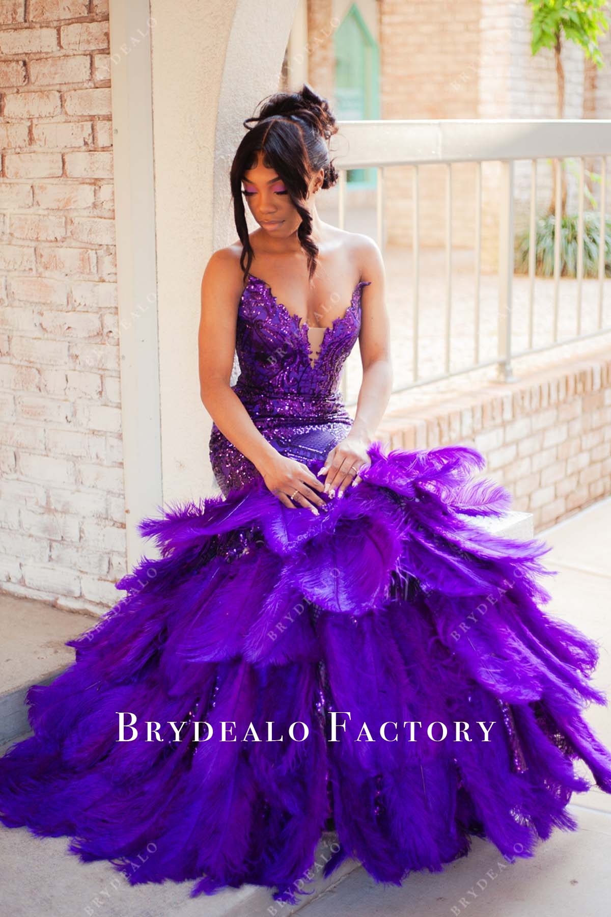 purple big feather trumpet prom dress