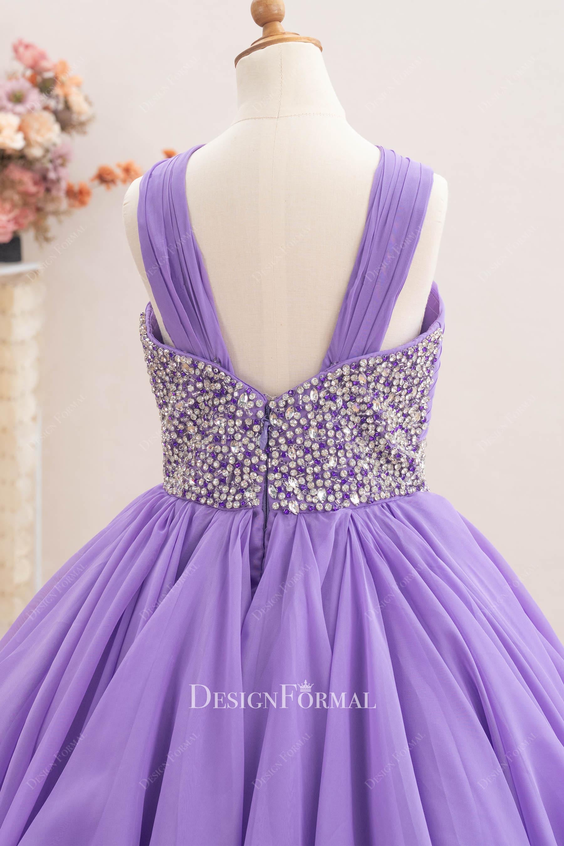 purple chiffon open back pageant gown