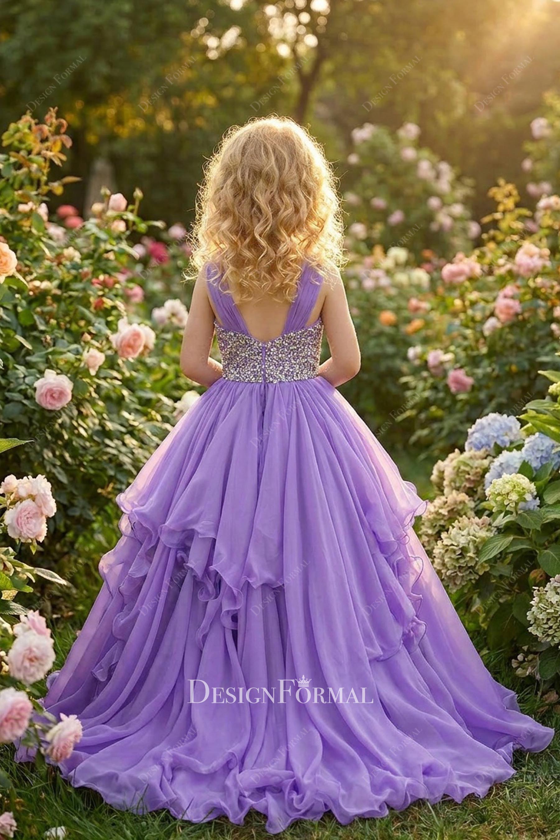 purple chiffon ruffled pageant gown
