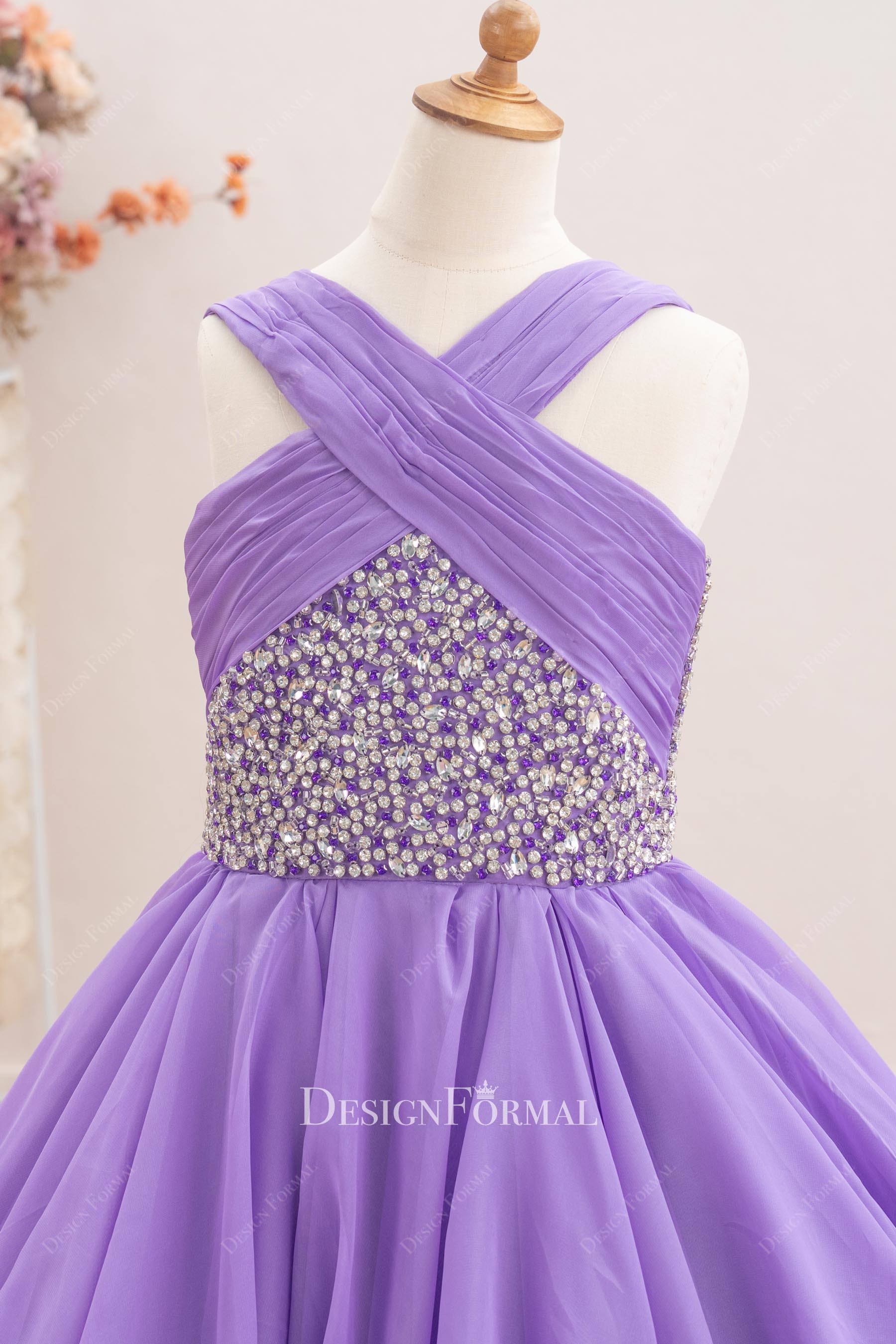 purple chiffon v neck pageant gown