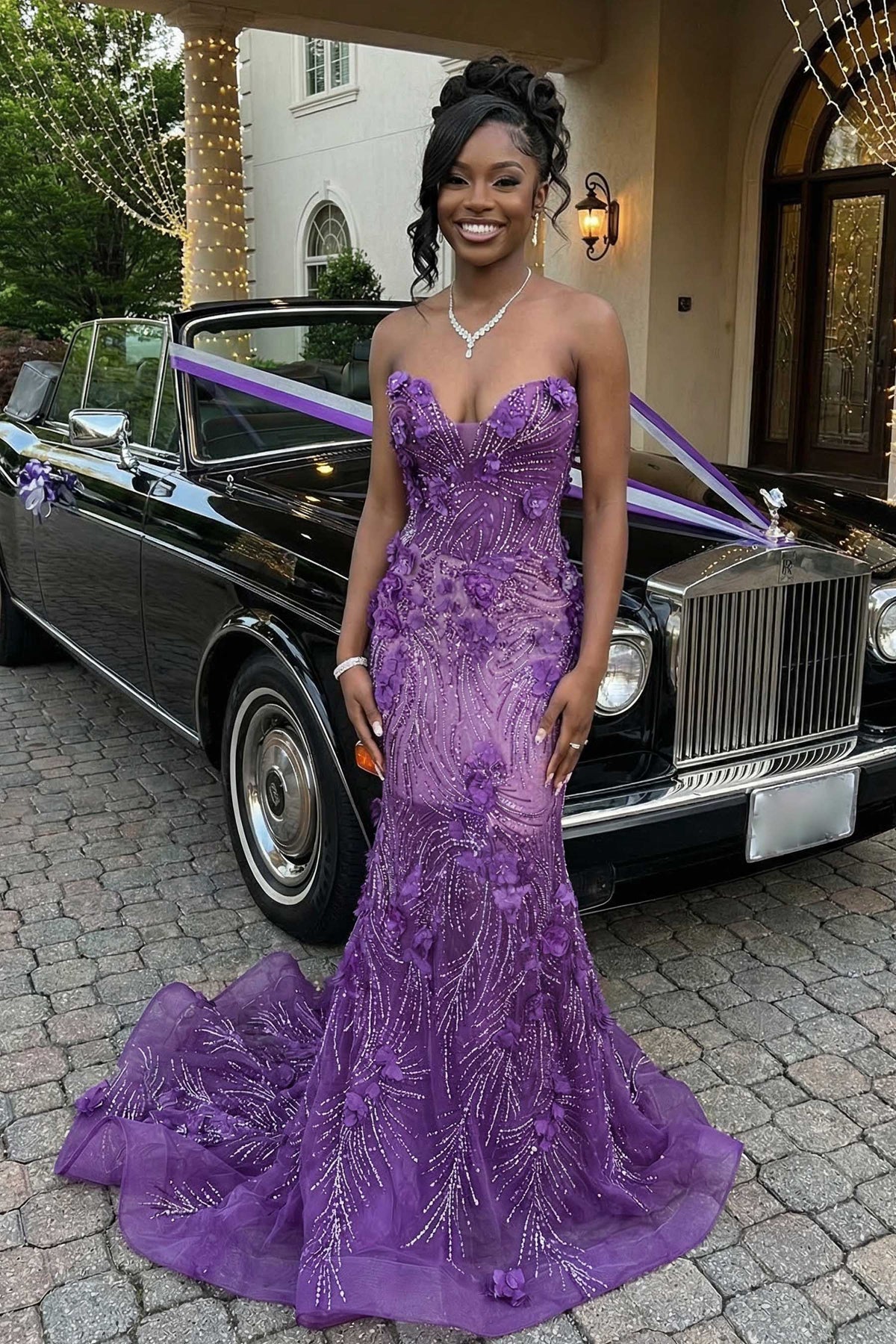 purple floral luxury prom dress
