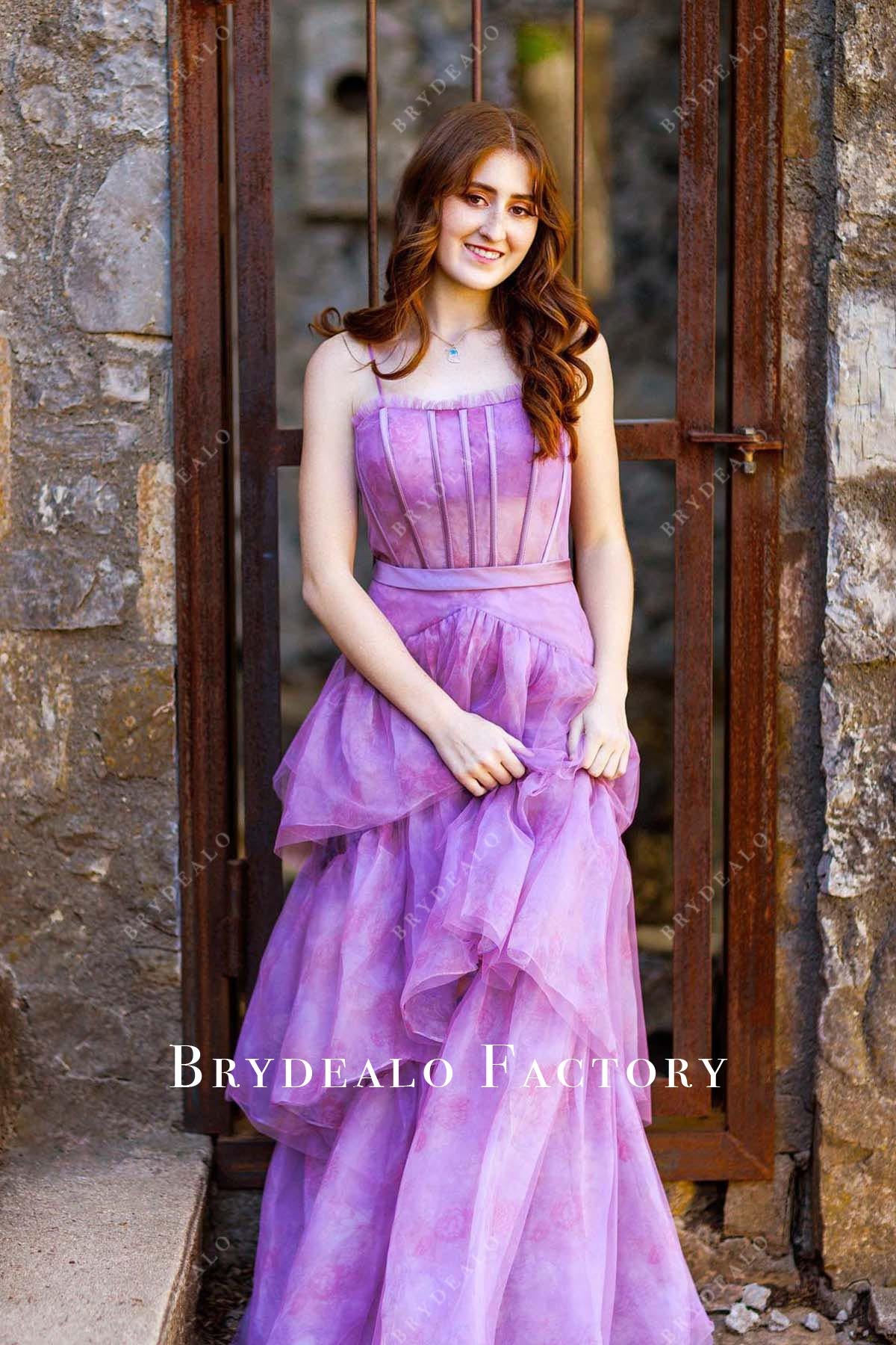 Homecoming Dress | Purple Print Thin Straps Layered A-Line Formal Gown Homecoming Dress | Purple Print Thin Straps Layered A-Line Formal Gown