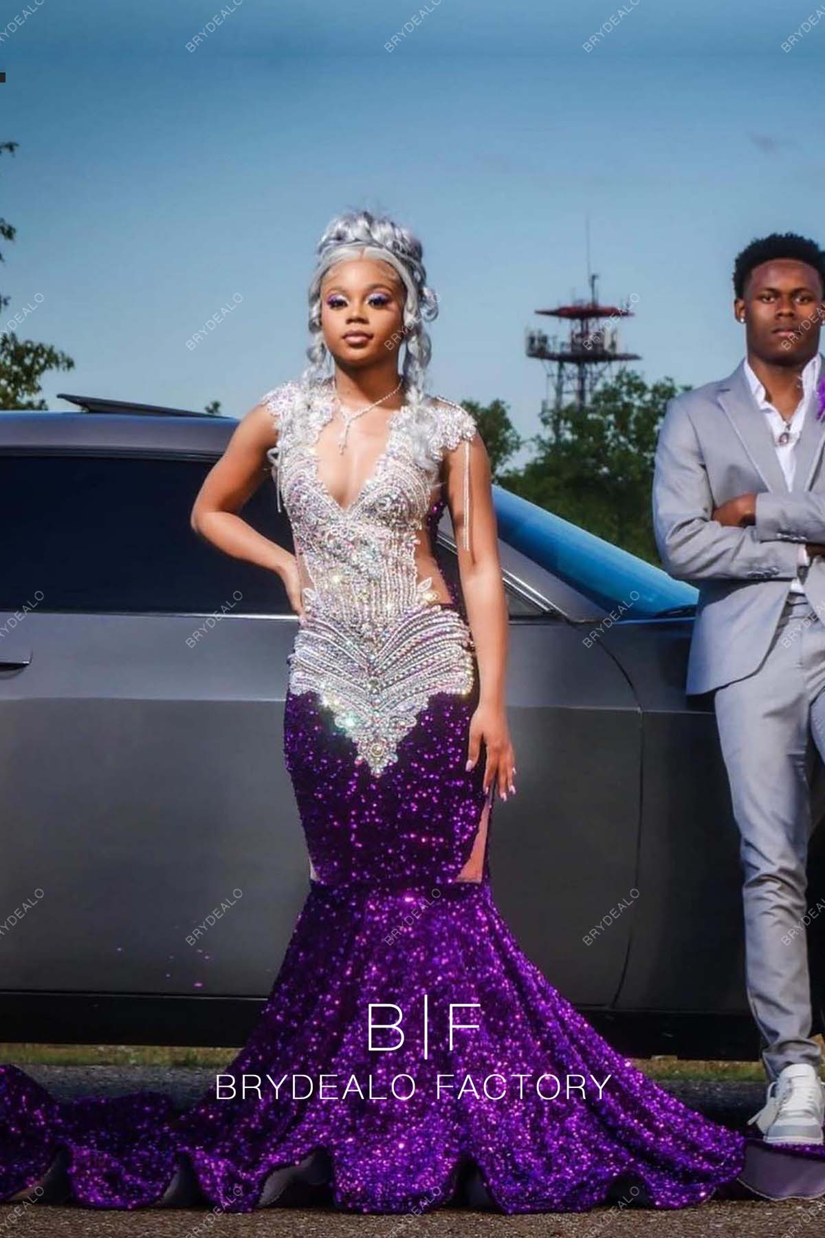 Sparkly Purple Sequin Mermaid Rhinestone Plunging Neck Prom Dress Sparkly Purple Sequin Mermaid Rhinestone Plunging Neck Prom Dress