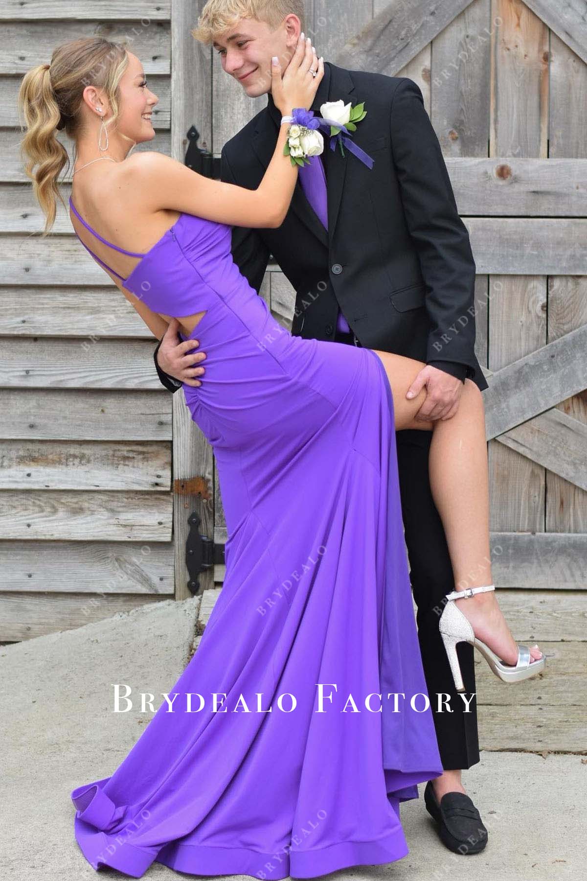 strapless open back dress Sweet Purple A-Line Short Party Dress Homecoming Dress with Ribbon Purple / 18 main image 1