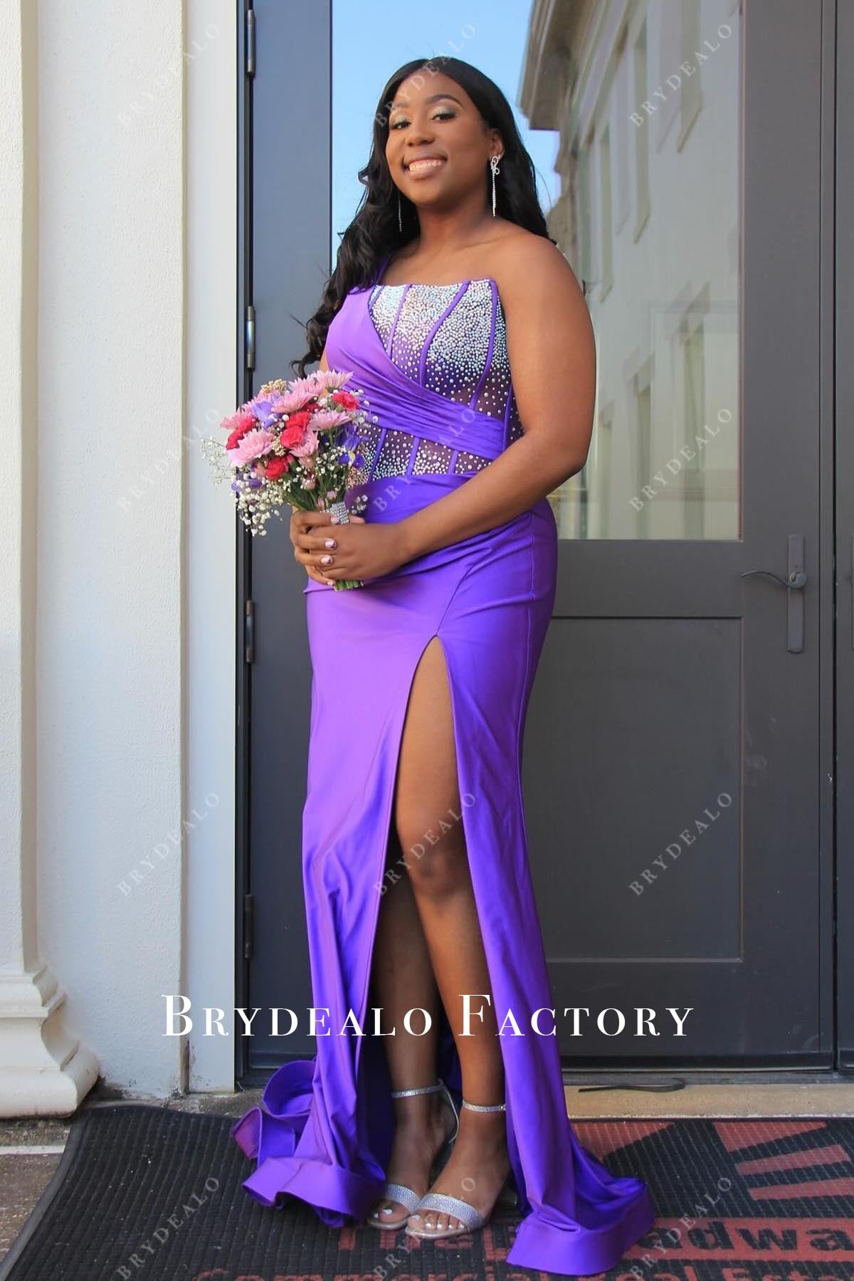 purple slit prom dress