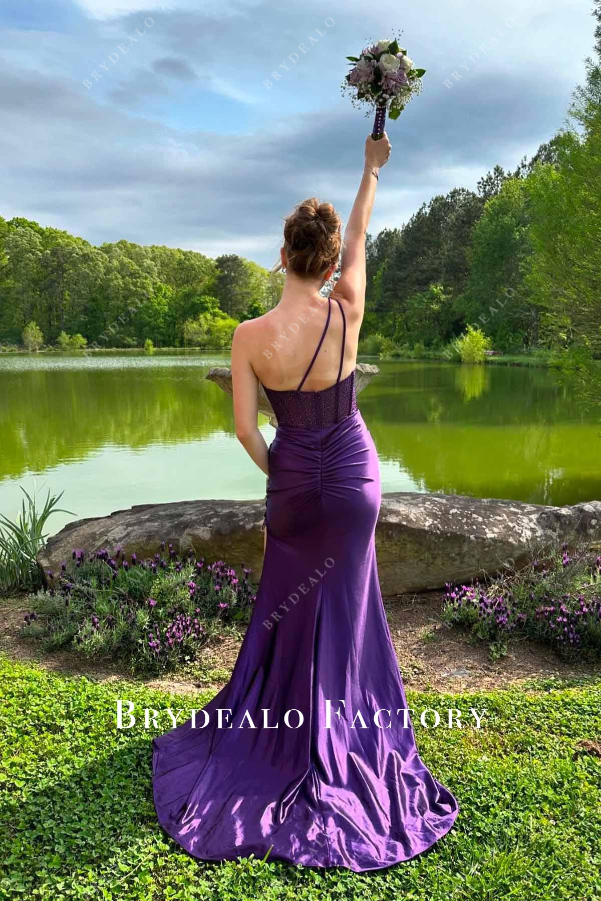 Glitter Purple Lace One Shoulder Asymmetrical Prom Dress