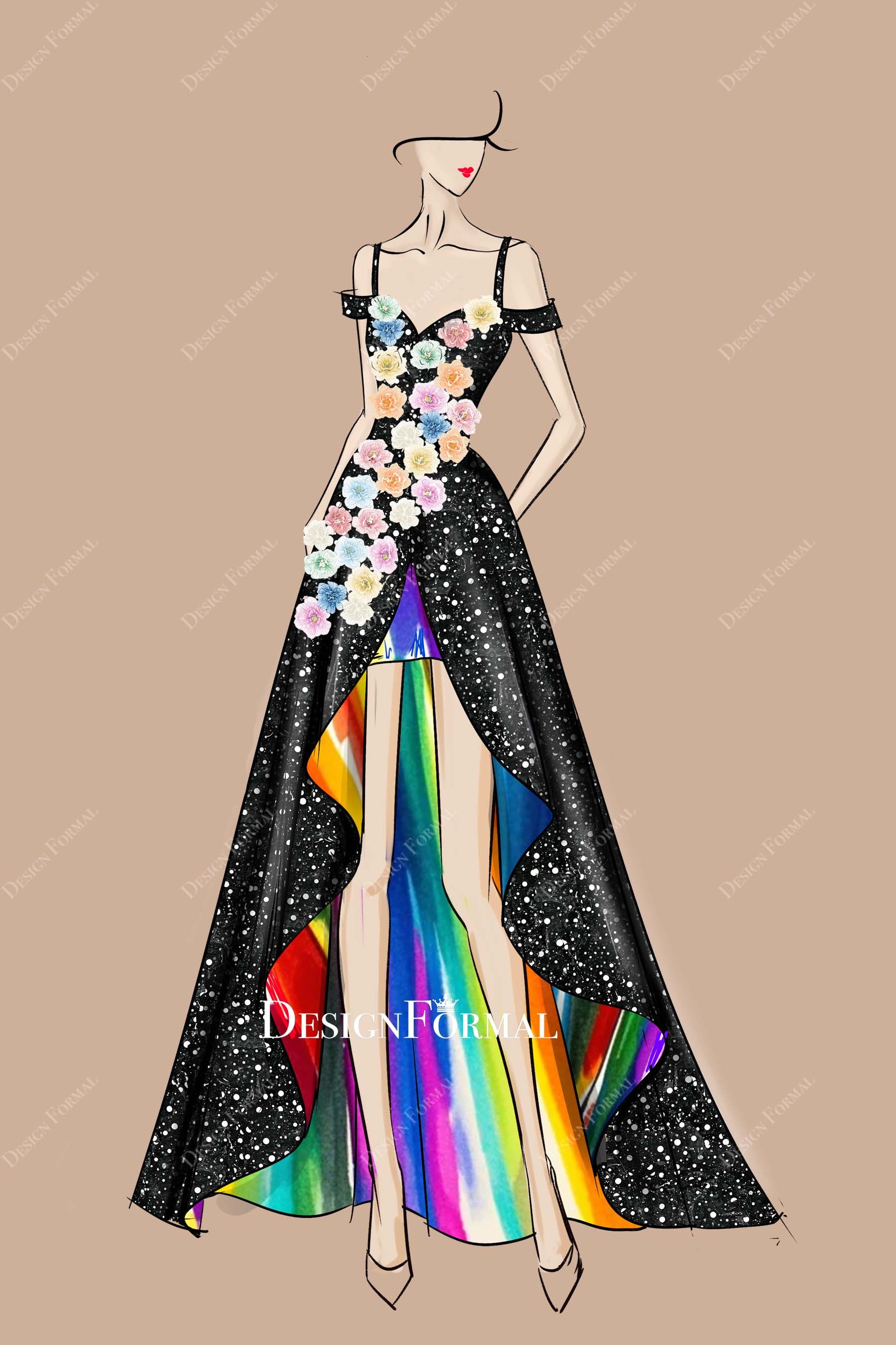 Rainbow Flowers Cold Shoulder Black High-Low Corset Dress Sketch, Sketch to Dress Consulting Rainbow Flowers Cold Shoulder Black High-Low Corset Dress Sketch, Sketch to Dress Consulting