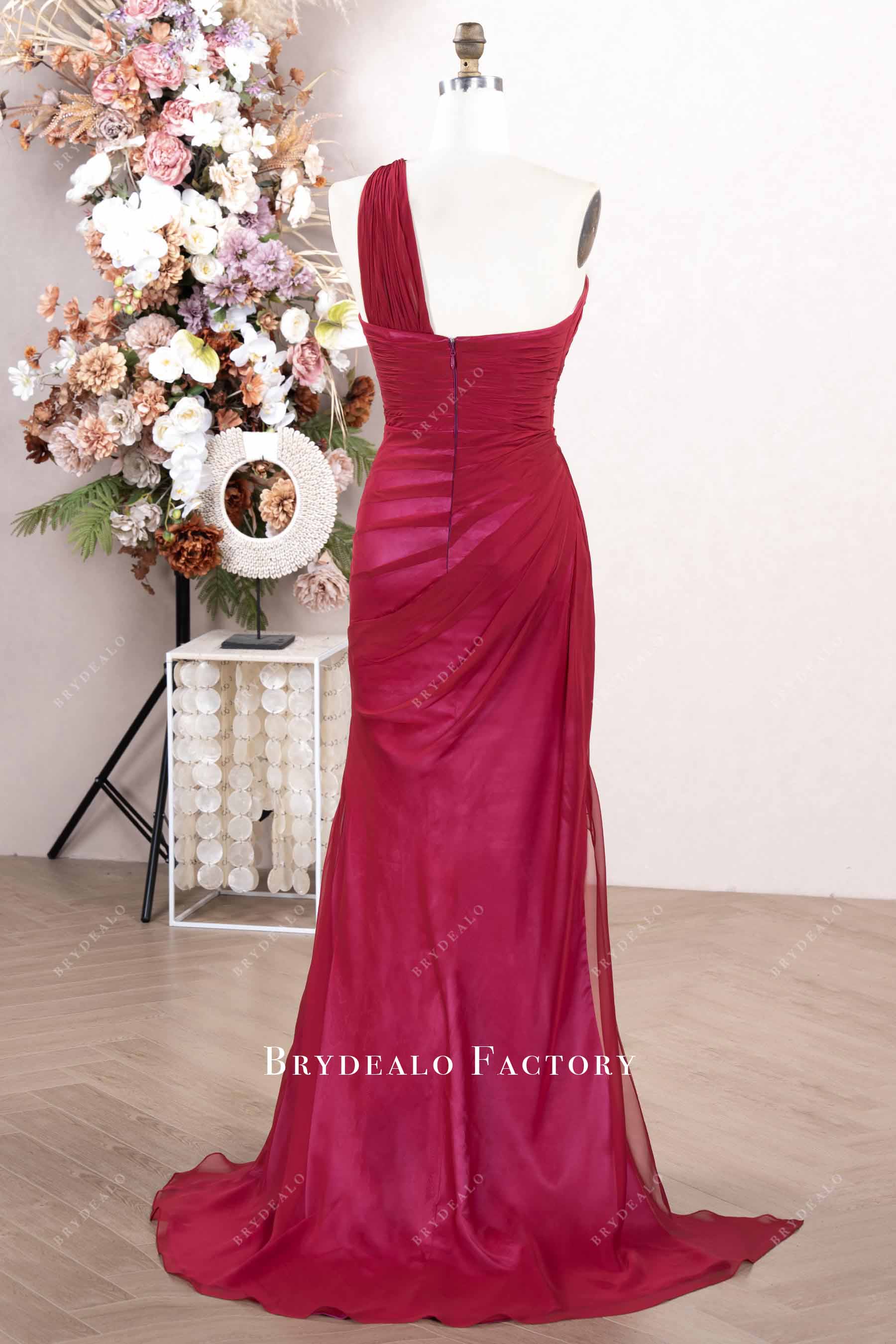 Raspberry fit flare court train prom dress