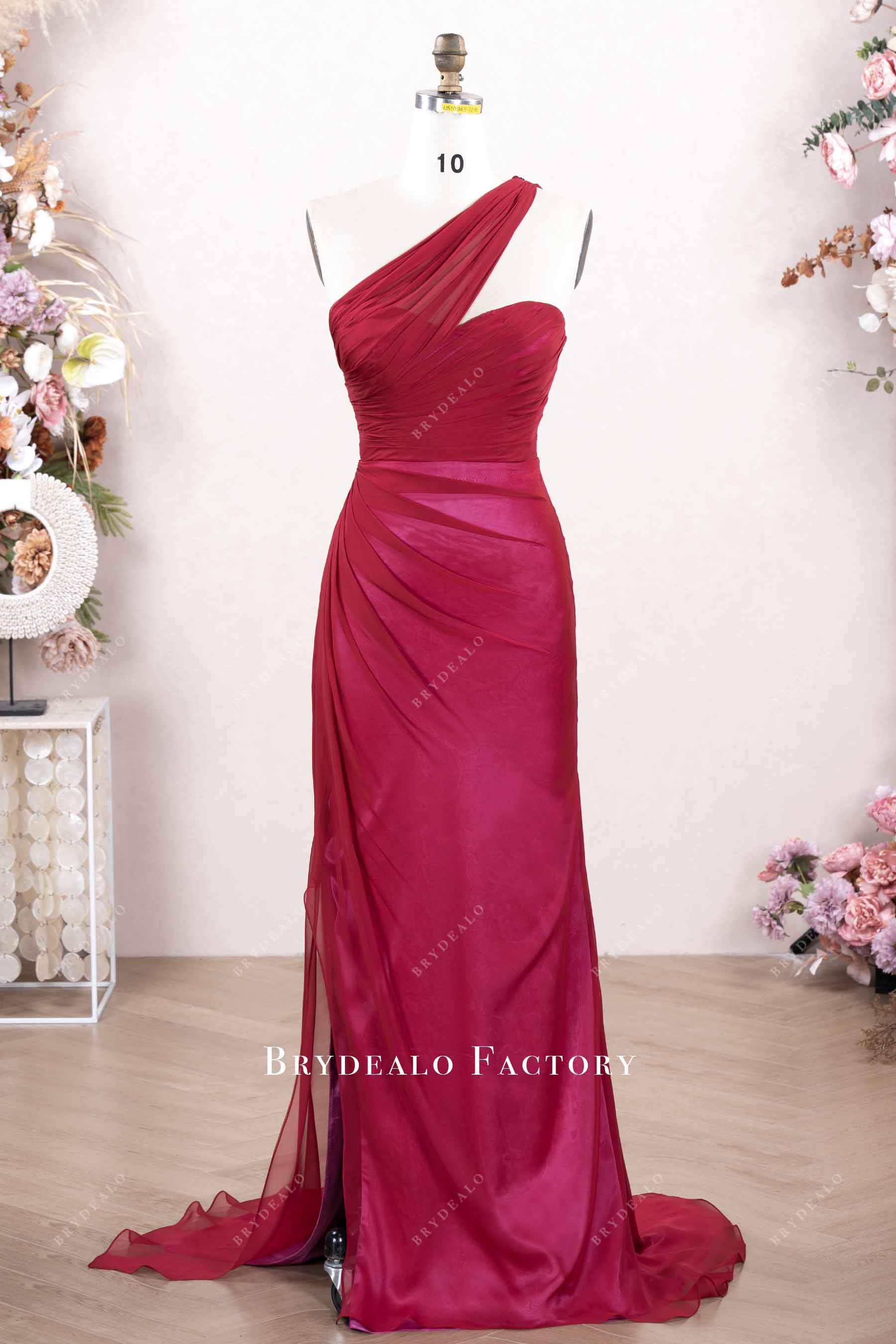 Raspberry Asymmetric Neck High Split Fit & Flare Prom Gown Raspberry Asymmetric Neck High Split Fit & Flare Prom Gown