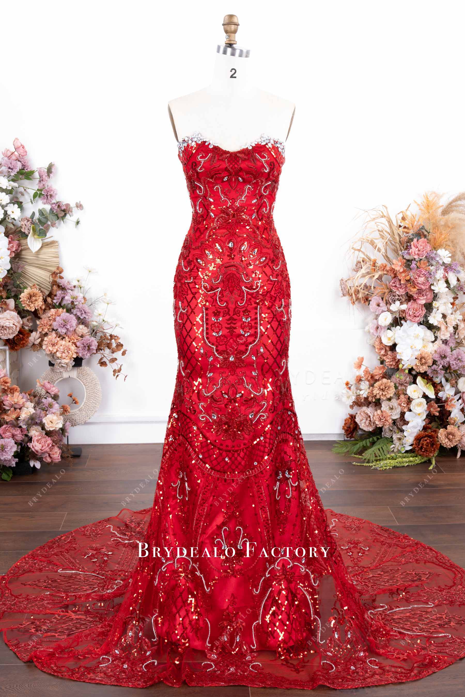 fitted lace wedding dress Rhinestones Red Strapless V-Neck Mermaid Prom Dress